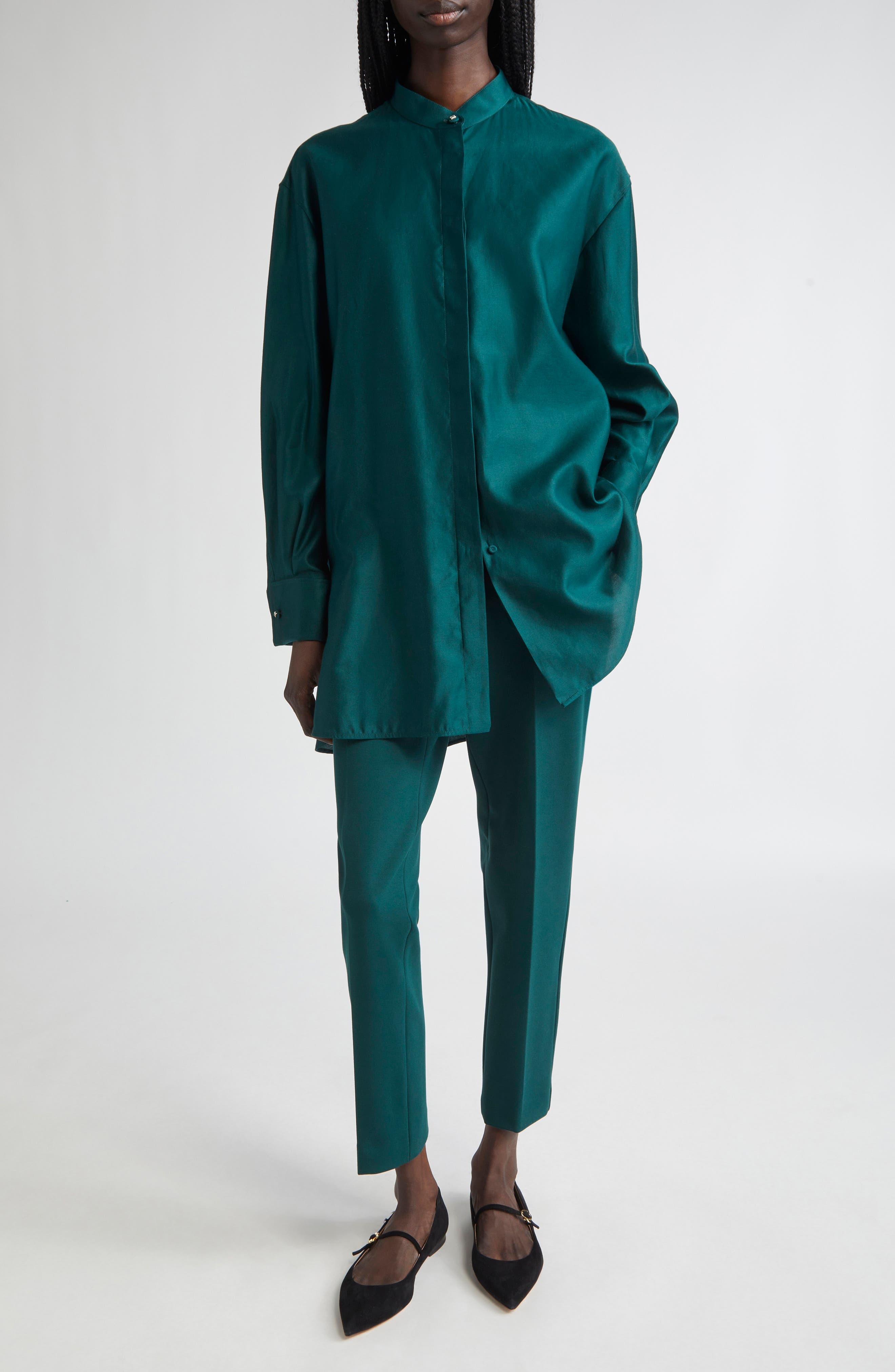 Max Mara Anta Oversize Cotton Sateen Button-Up Shirt in Dark Green at Nordstrom - 2