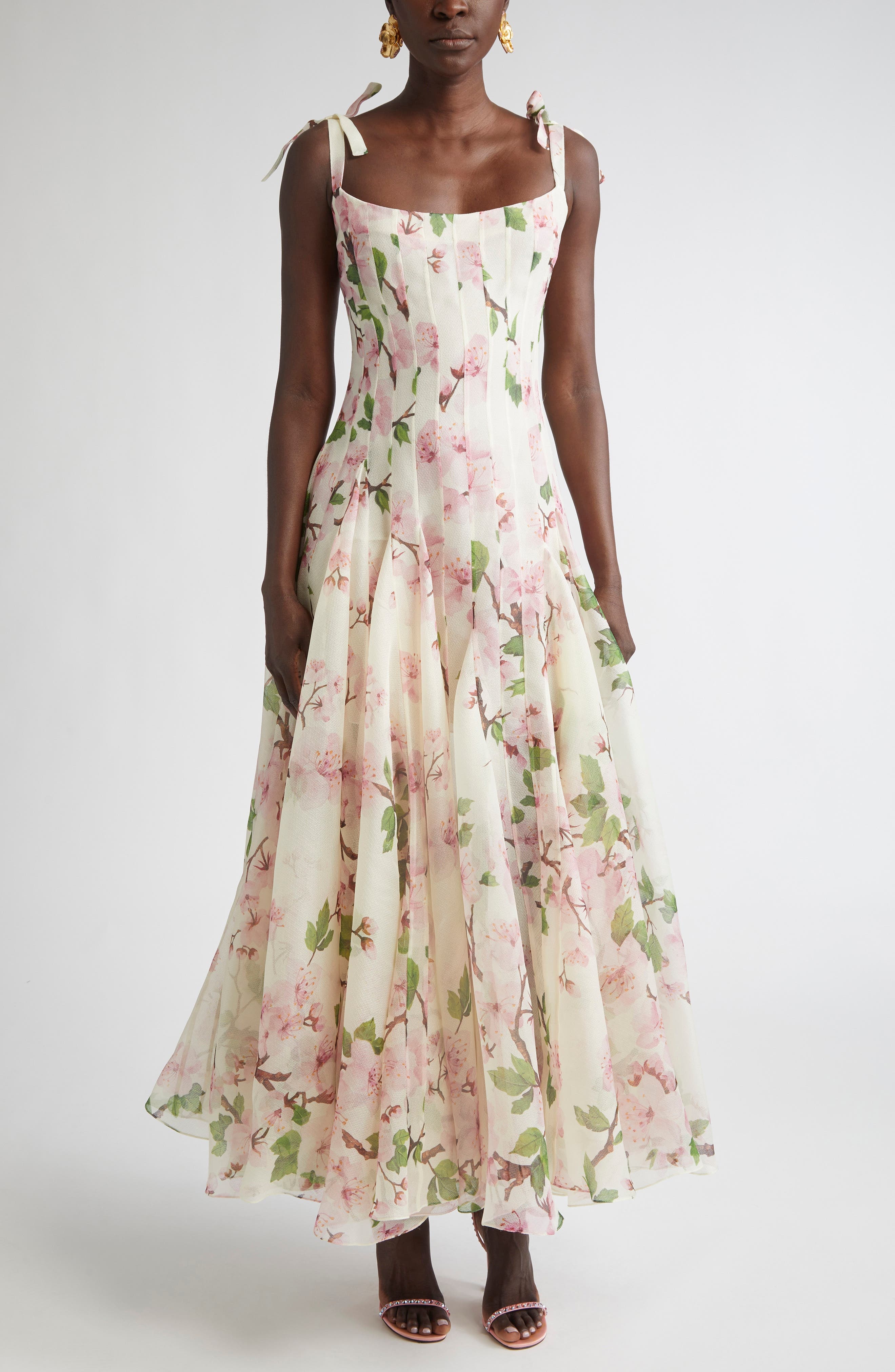 Oscar de la Renta Cherry Blossom Print Pleated Organza in Pink/Ivory at Nordstrom - 1