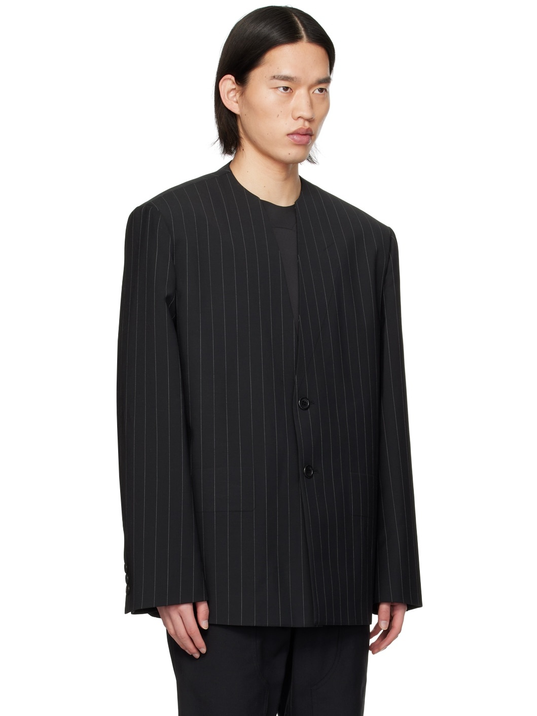 Black Striped Embossed Blazer - 2