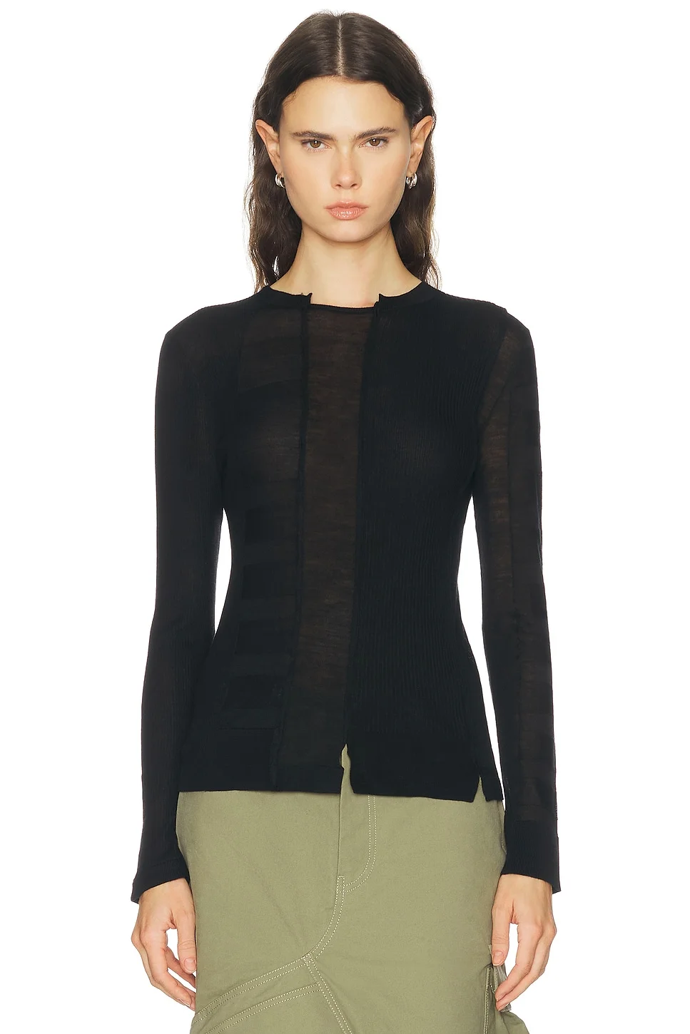 Sheer Paneled Knit Long Sleeve Top - 1