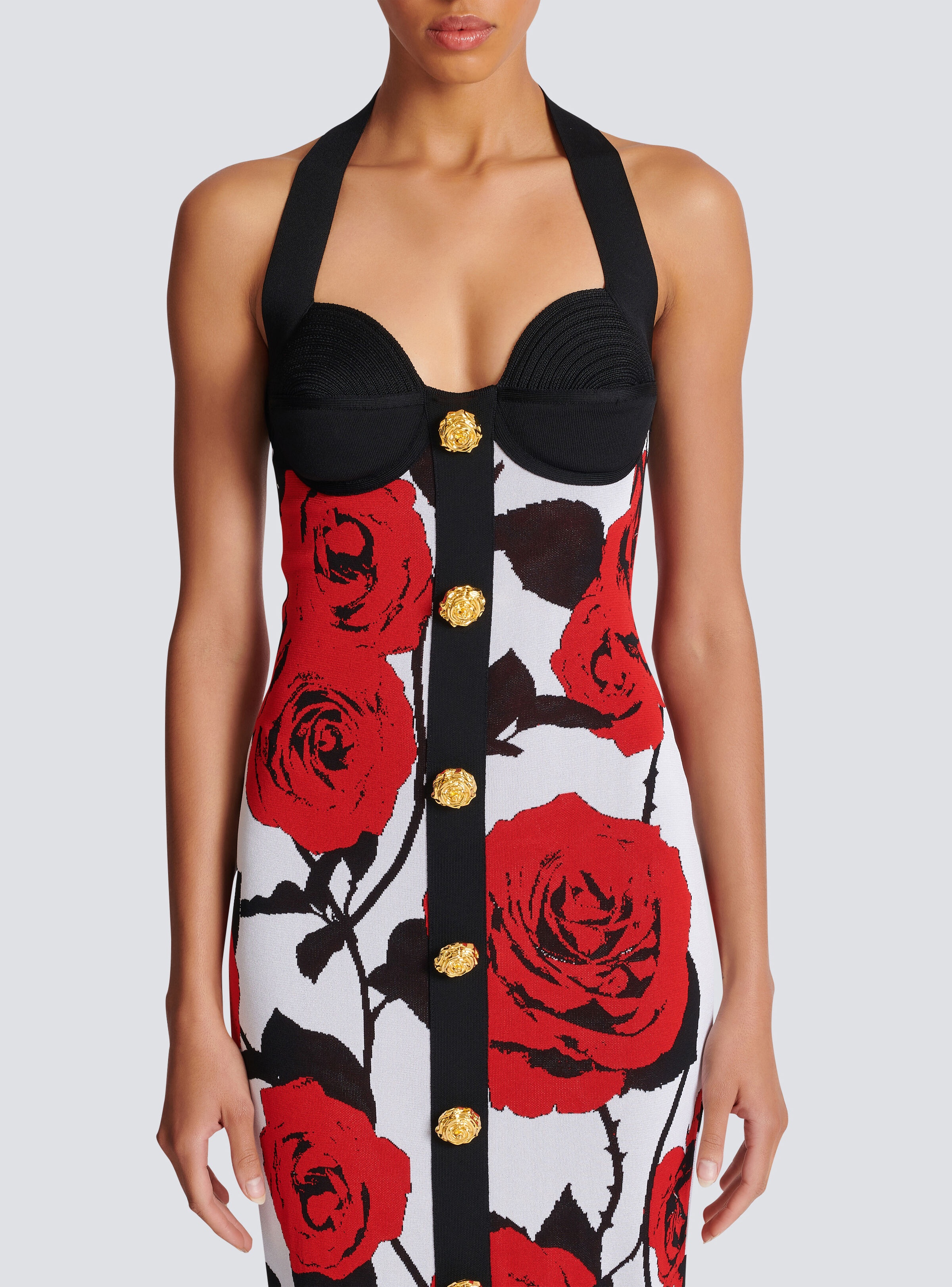 Halterneck dress in Red Roses jacquard knit - 5