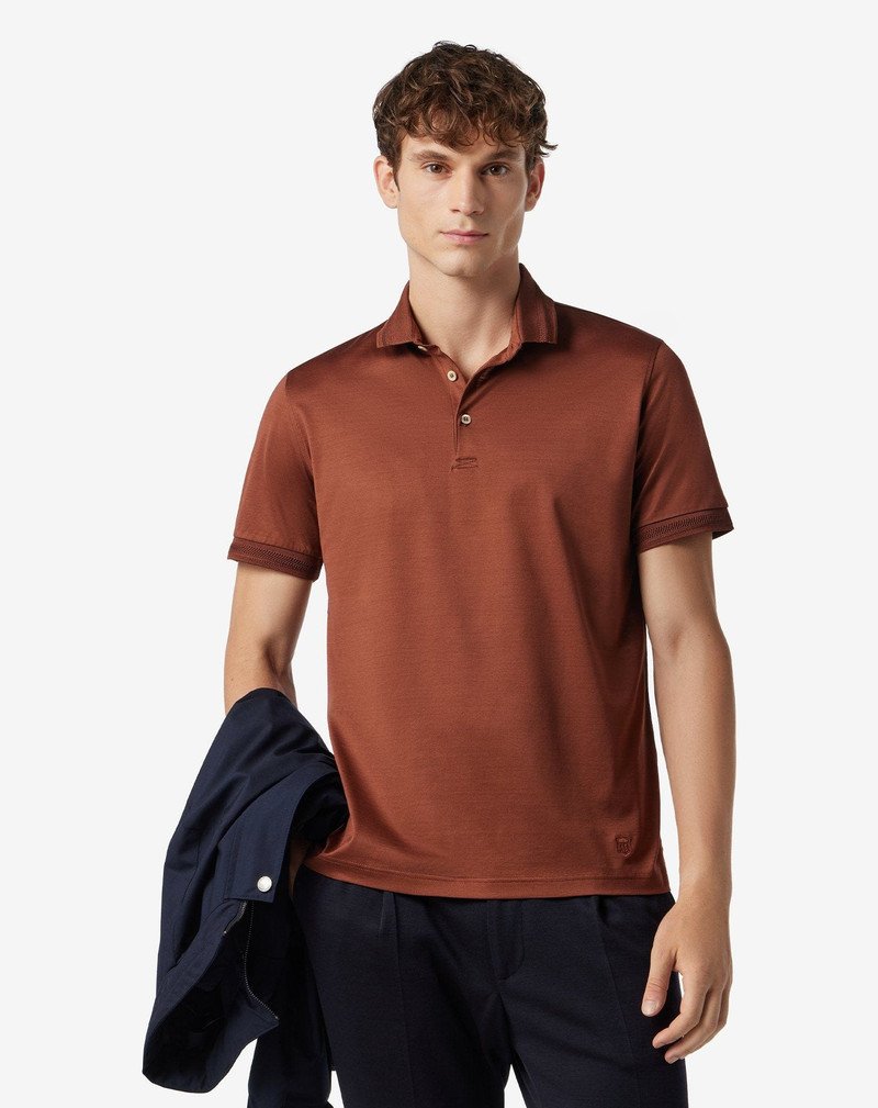 CORNELIANI Tobacco brown button-up polo shirt in lisle cotton outlook