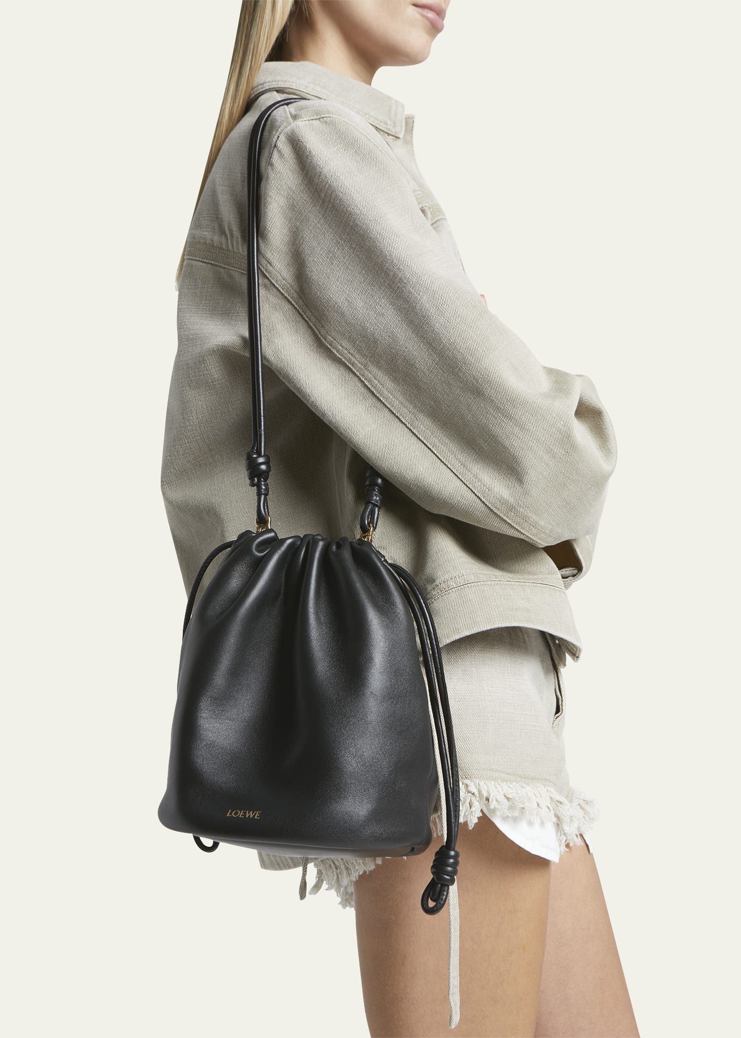 x Paula’s Ibiza Flamenco Bucket Bag in Napa Leather with Chain - 2