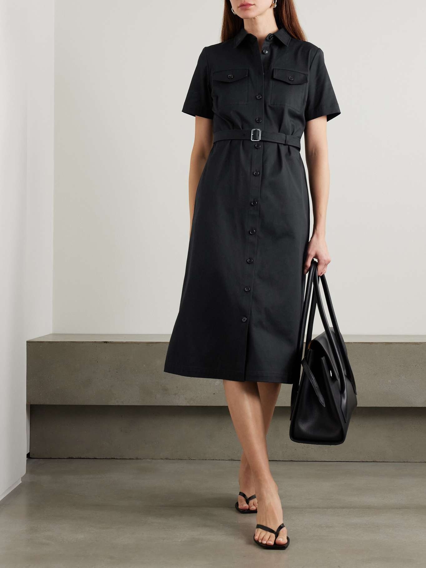 Belted cotton-blend twill midi shirt dress Black - 2