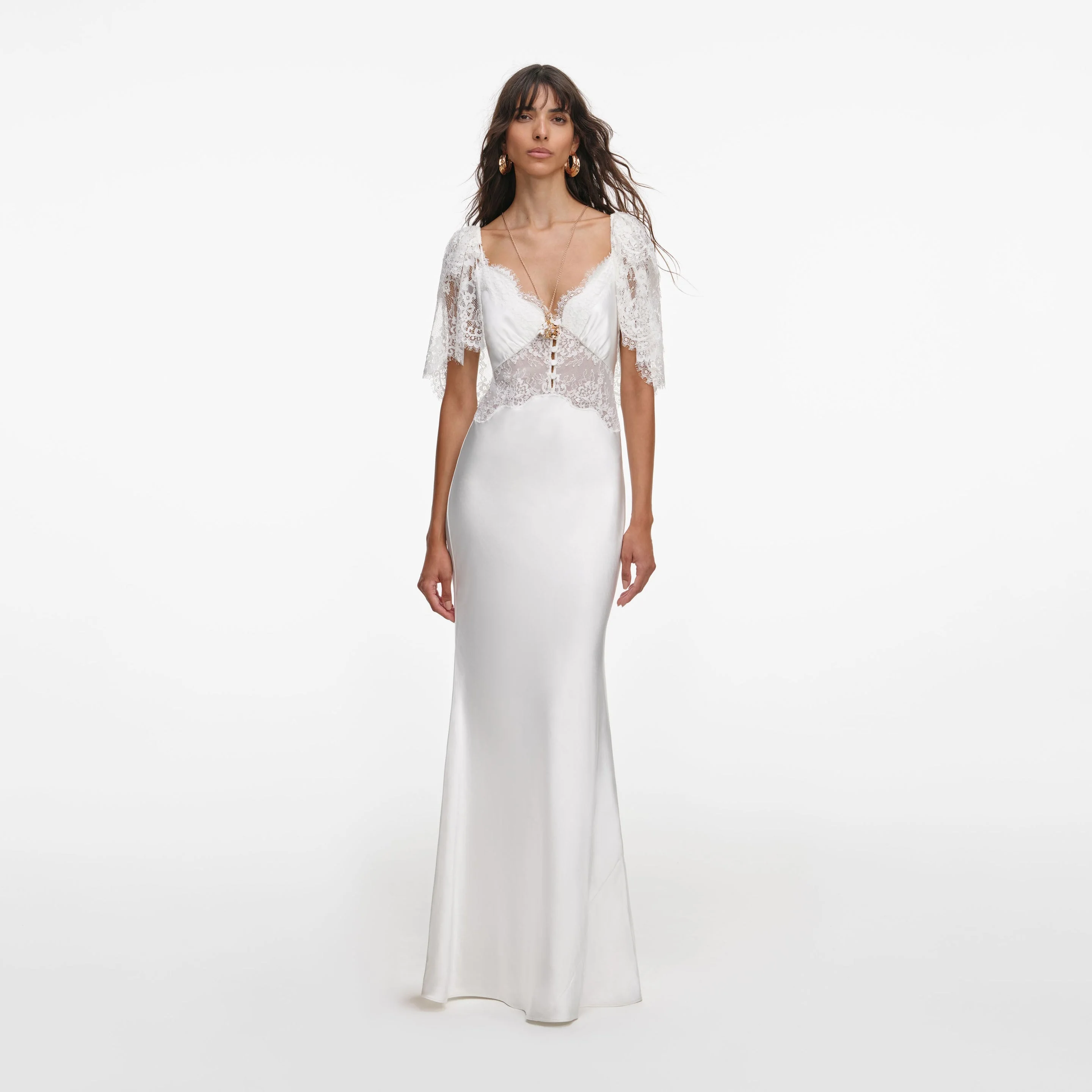 White Fine Lace Satin Maxi Dress - 1