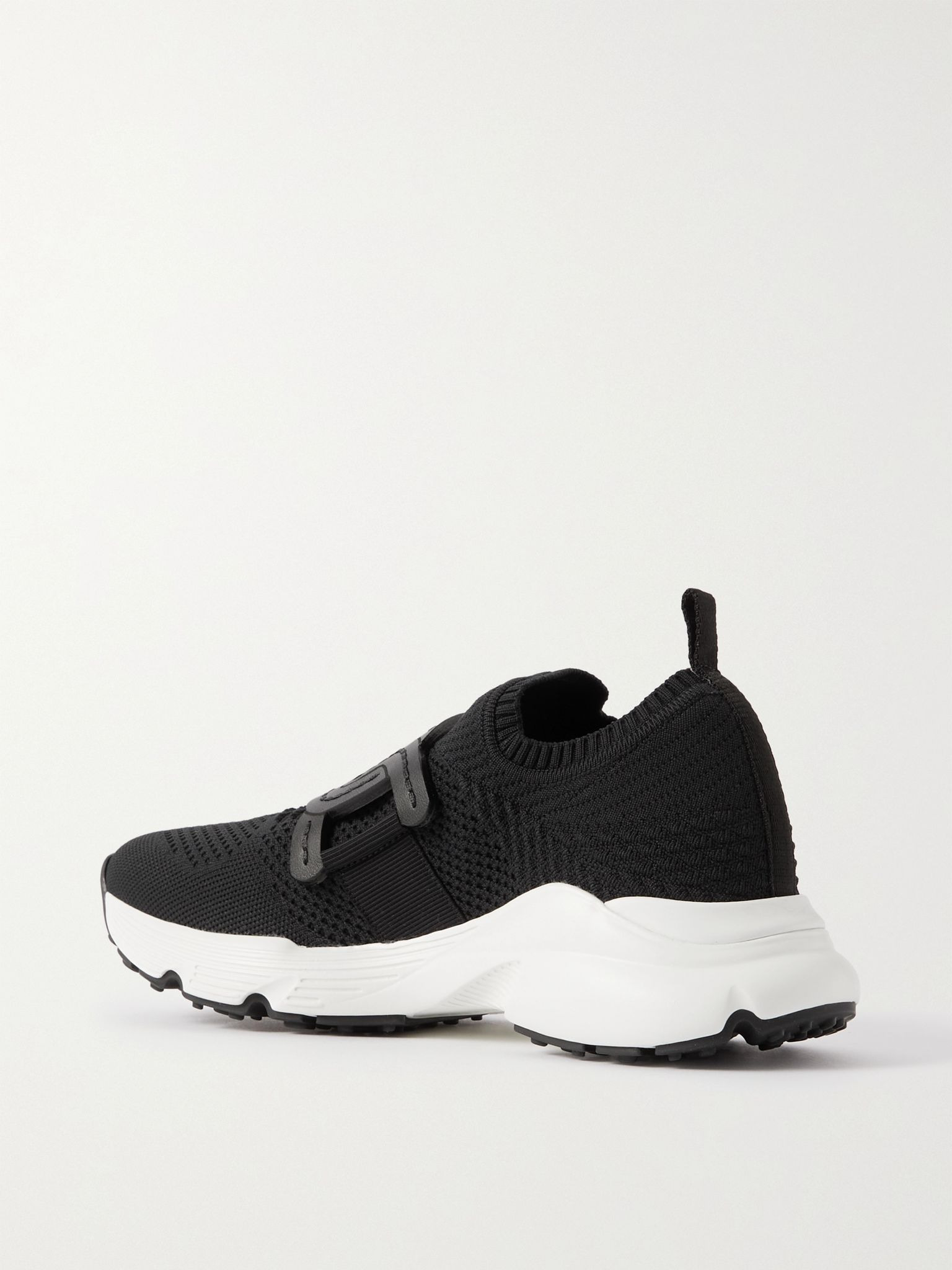 Leather-trimmed stretch-knit slip-on sneakers Black - 3