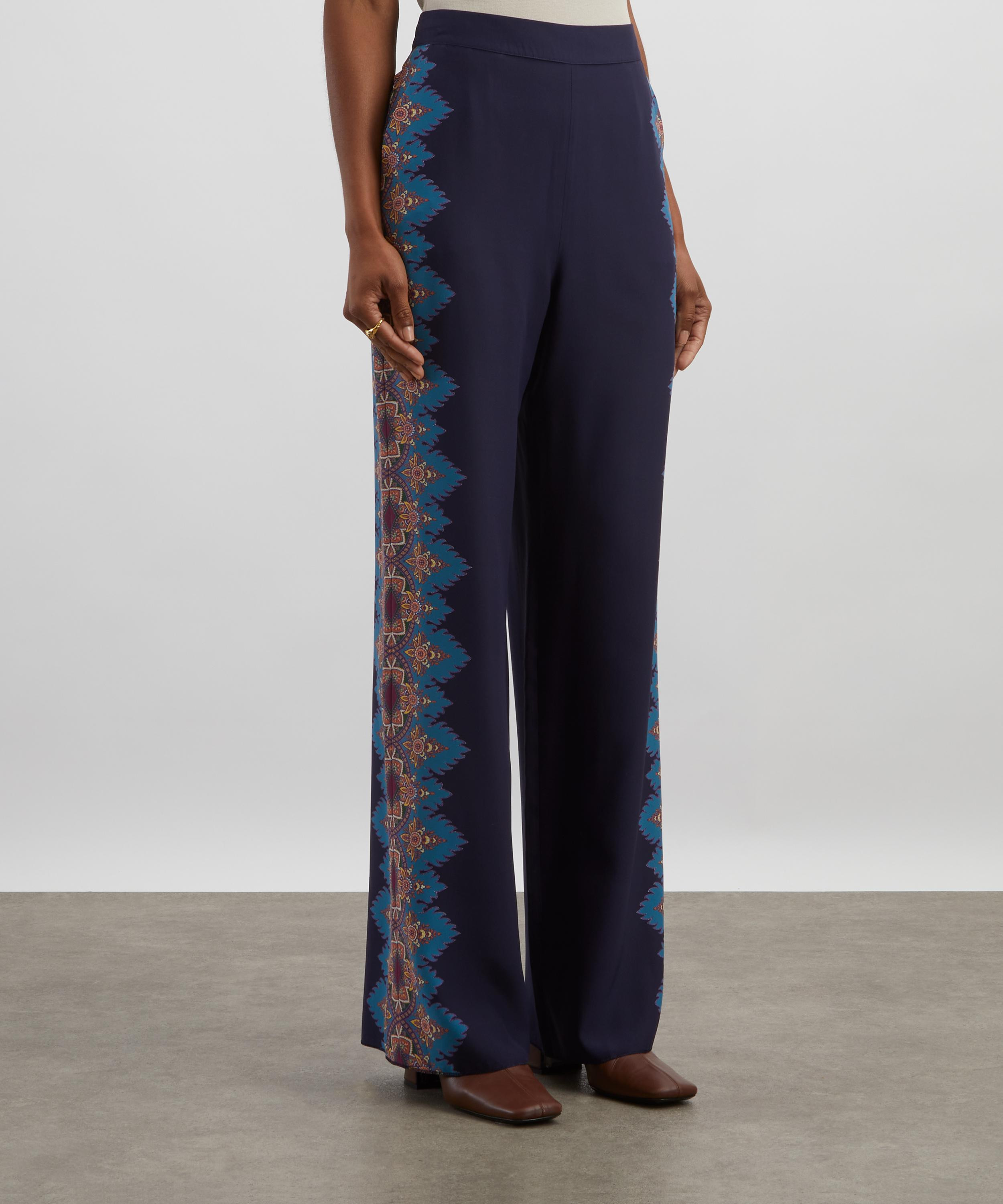 Navy Paisley Silk Trousers - 3