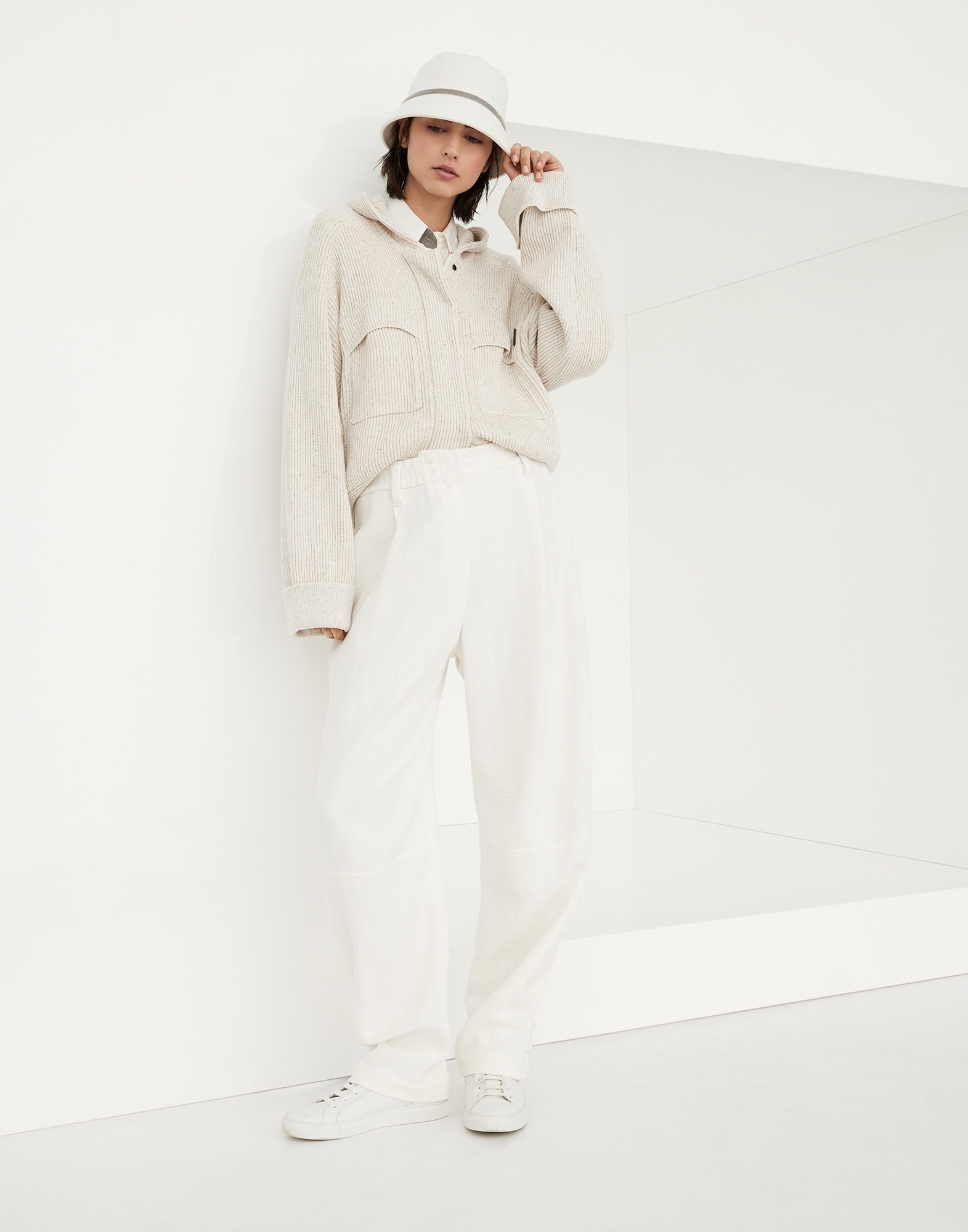 Cotton diamond yarn English rib hooded cardigan with shiny tab - 5