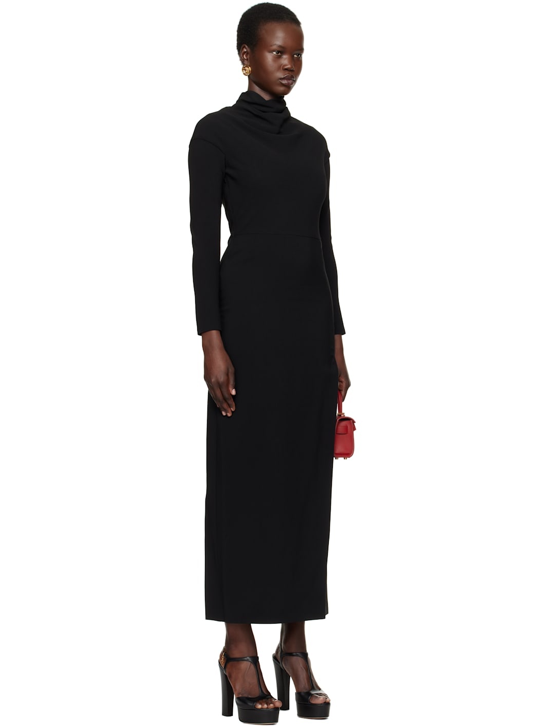 Black Cady Draped-Neck Slit Maxi Dress - 2