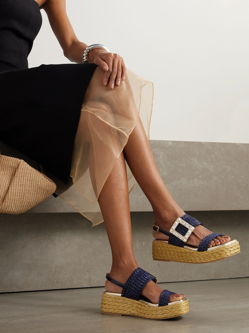 Roger Vivier 60 crystal-embellished patent-leather trimmed raffia platform espadrille sandals Blue outlook
