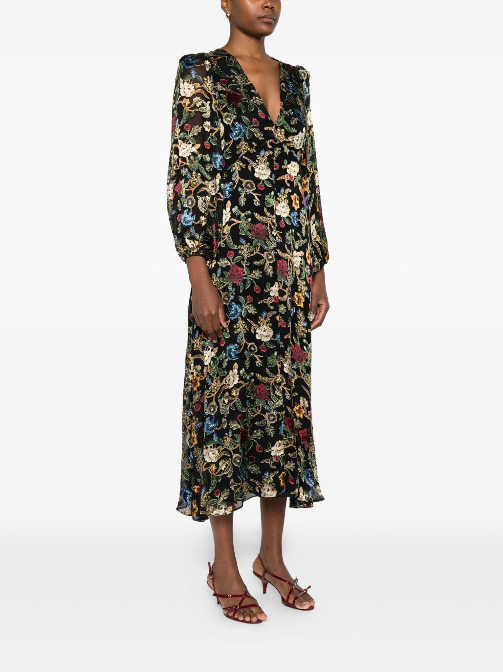 floral-print puff-sleeves asymmetric day dress - 3
