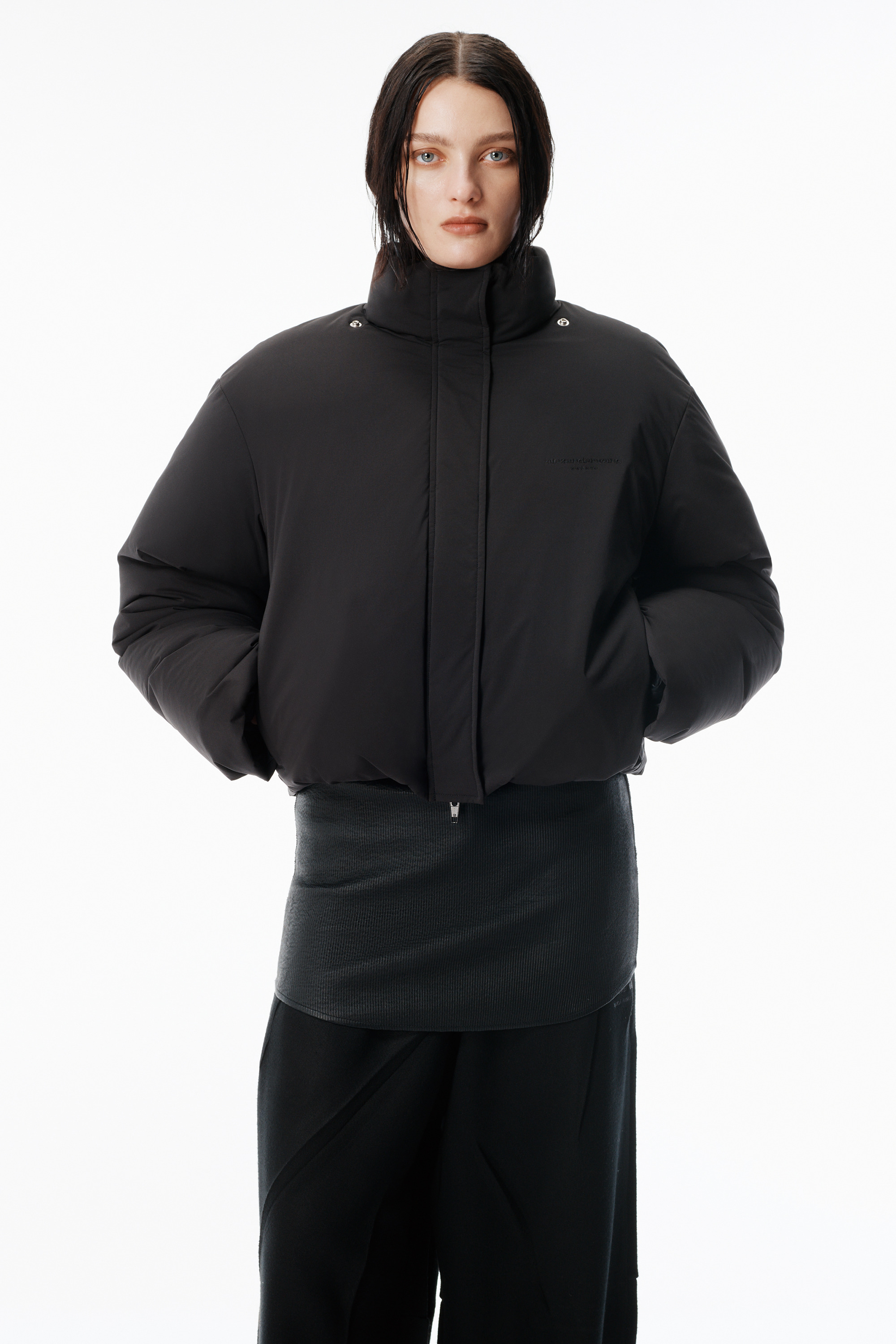 Black Puffer Coat with Detachable Scarf - 4