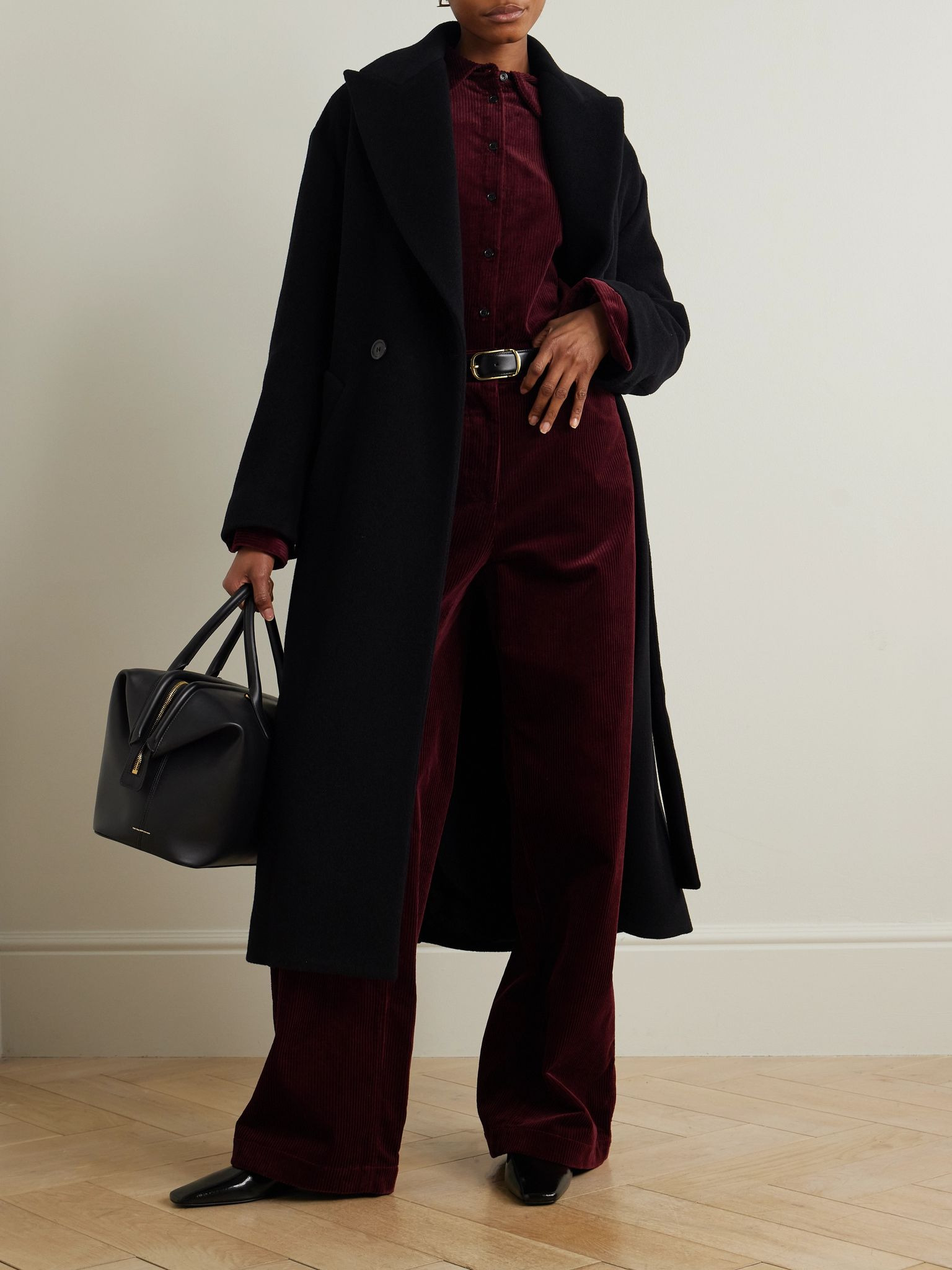 Belted double-breasted wool coat Black - 2