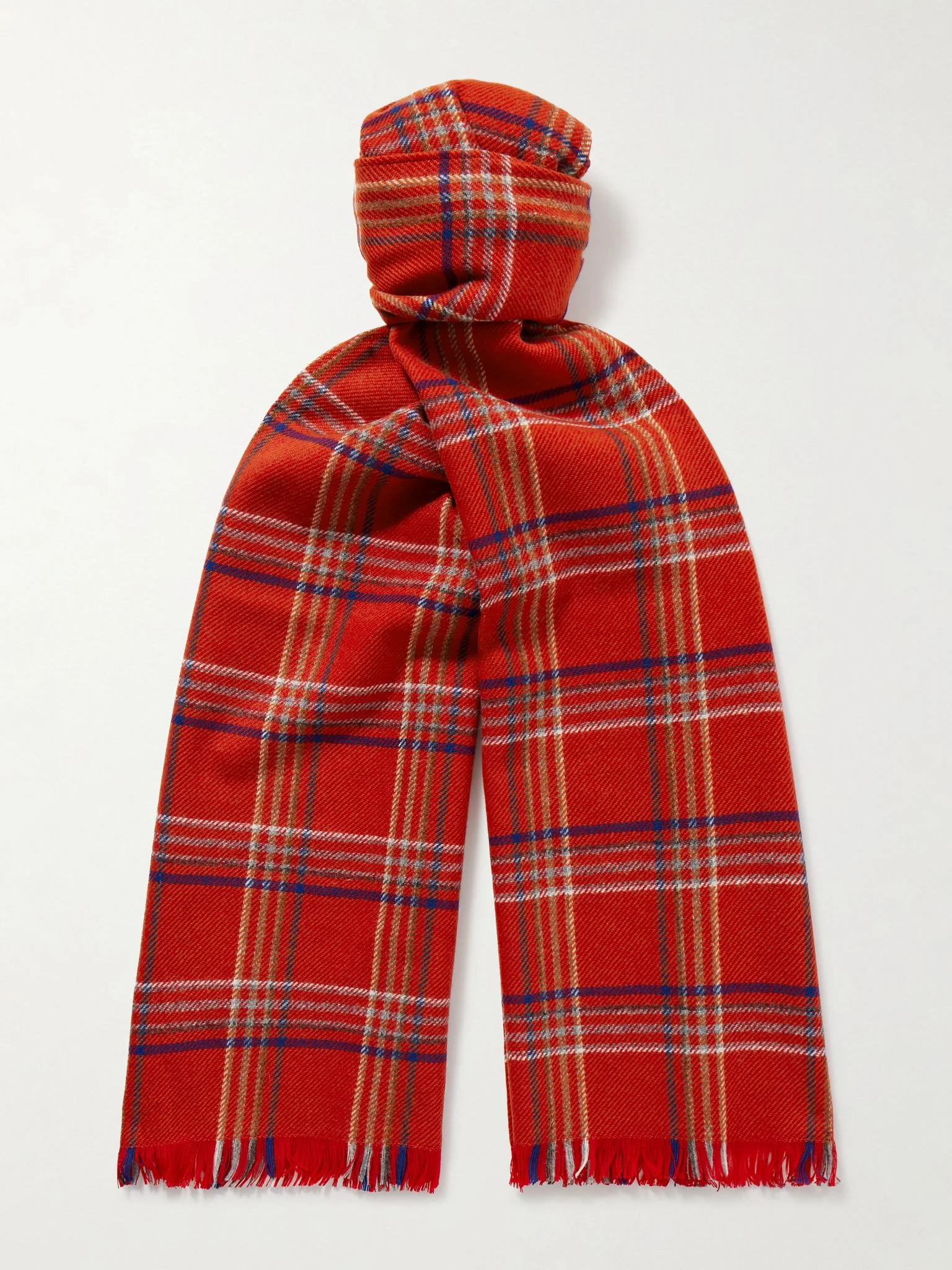 Gable Checked Fringed Wool Scarf Red - 1