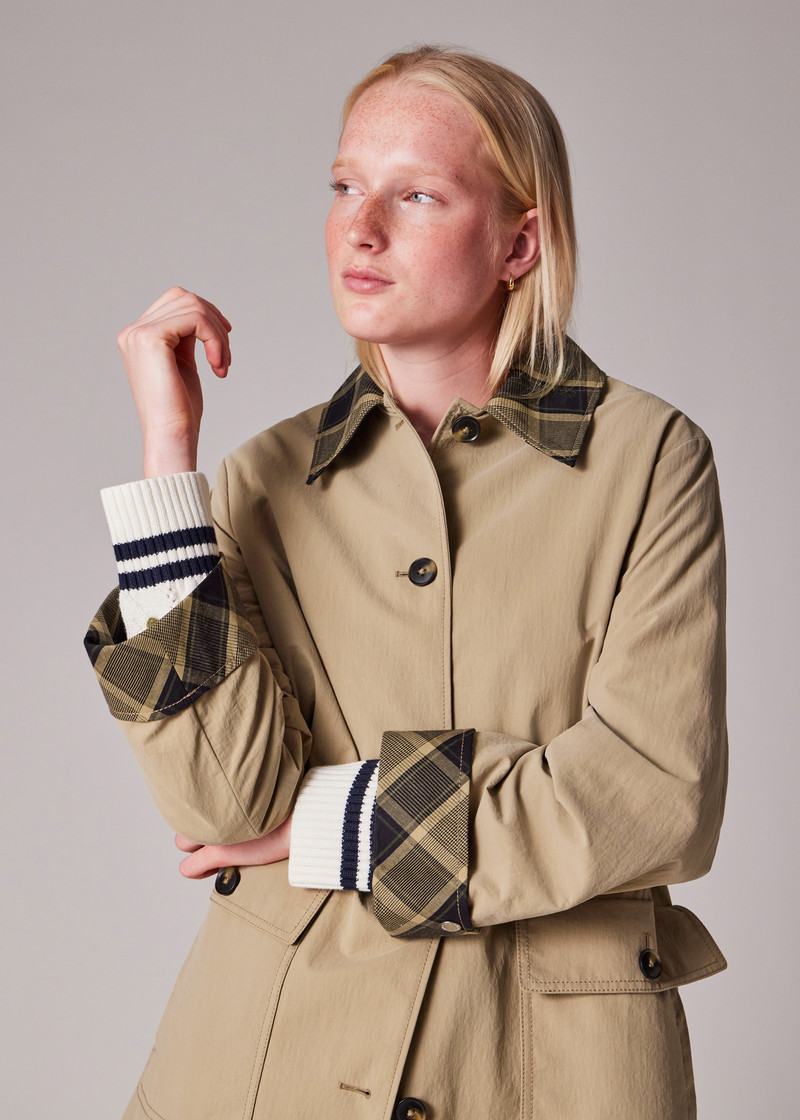 Women's Stone Nylon Mac with Contrast Check Trim 8