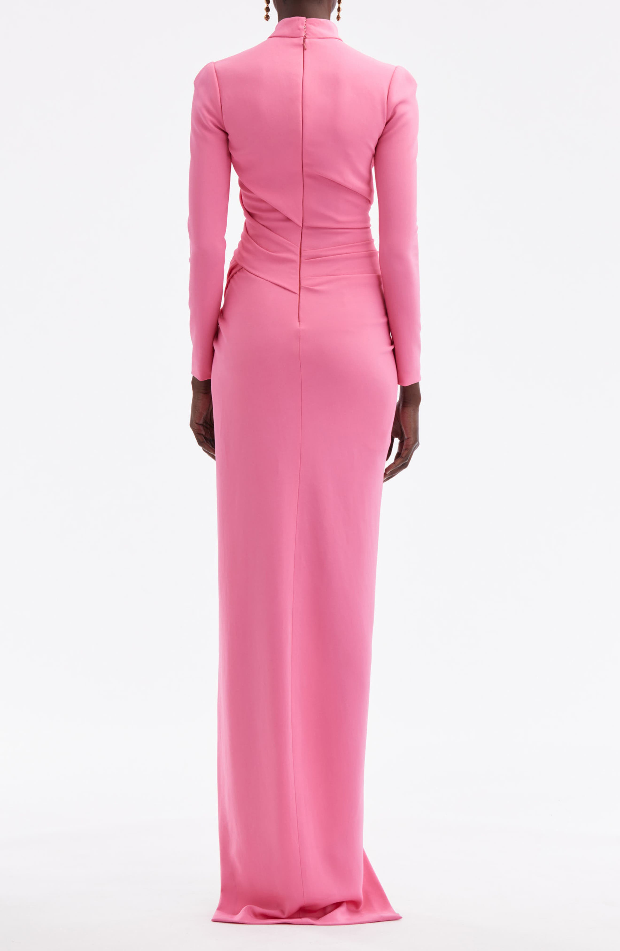 Oscar de la Renta High Slit Long Sleeve Cady Gown in Azalea at Nordstrom - 2