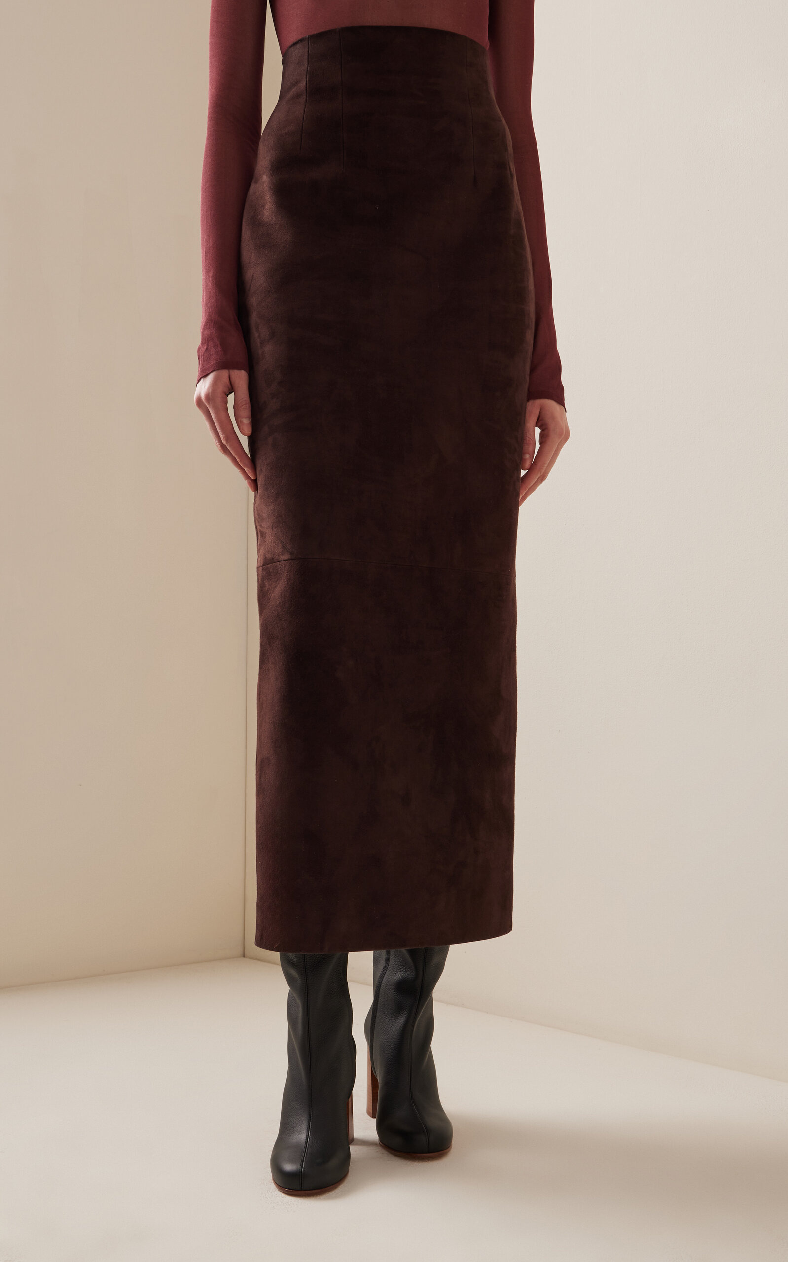 Loxley High-Waist Suede Midi Skirt brown - 3