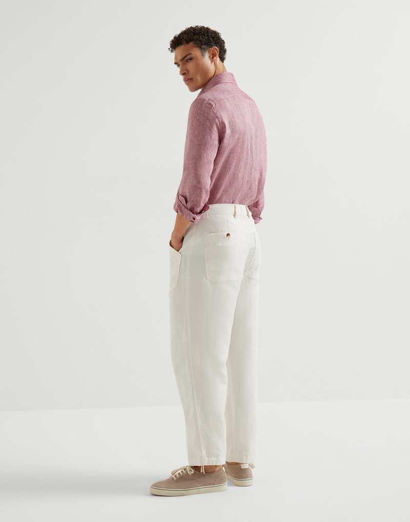 Linen and cotton drill trousers with patch pockets and drawstring 5
