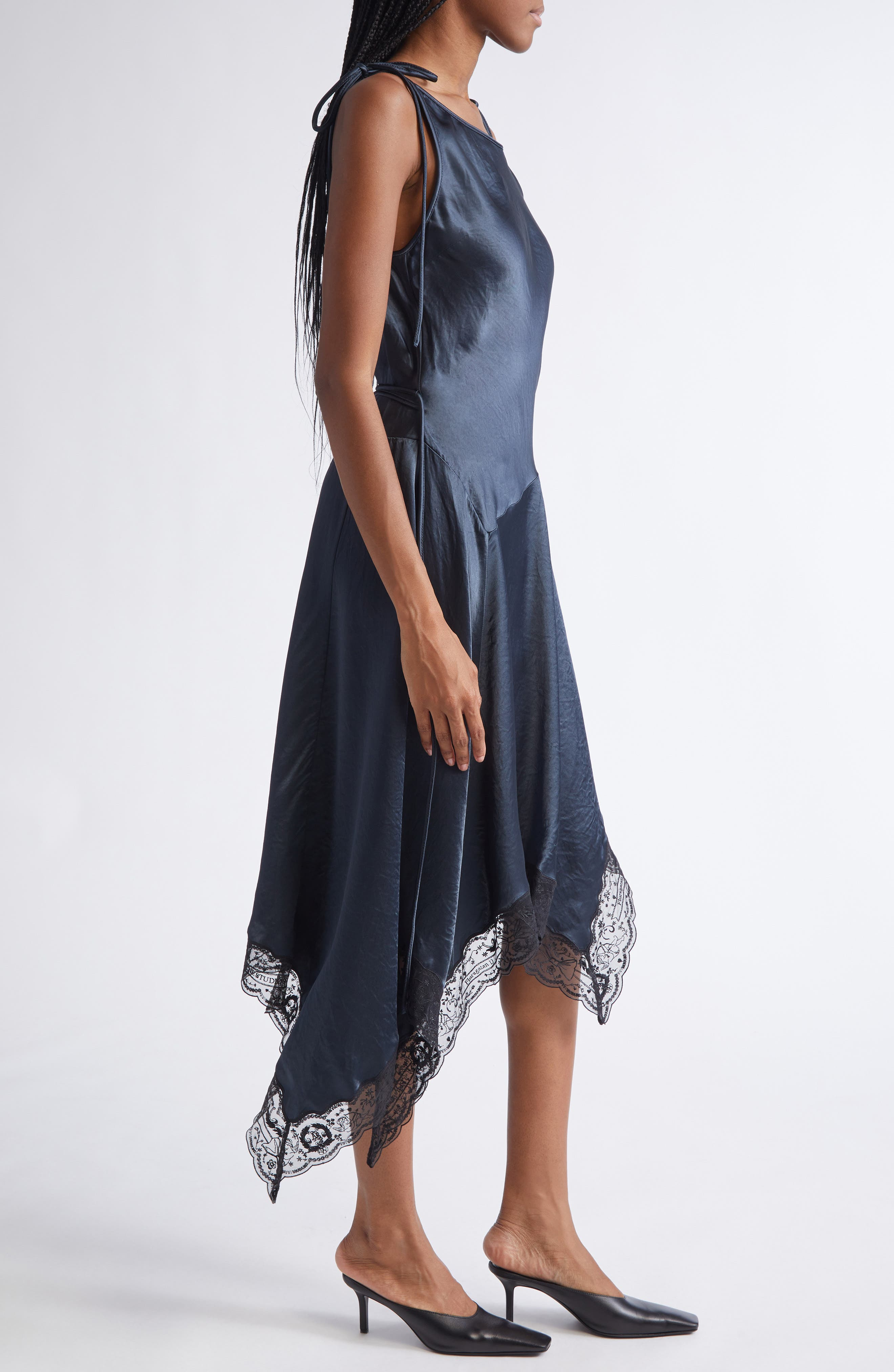 Acne Studios Doyla Lace Trim Crinkled Satin Asymmetric Dress in Petrol Blue at Nordstrom - 3