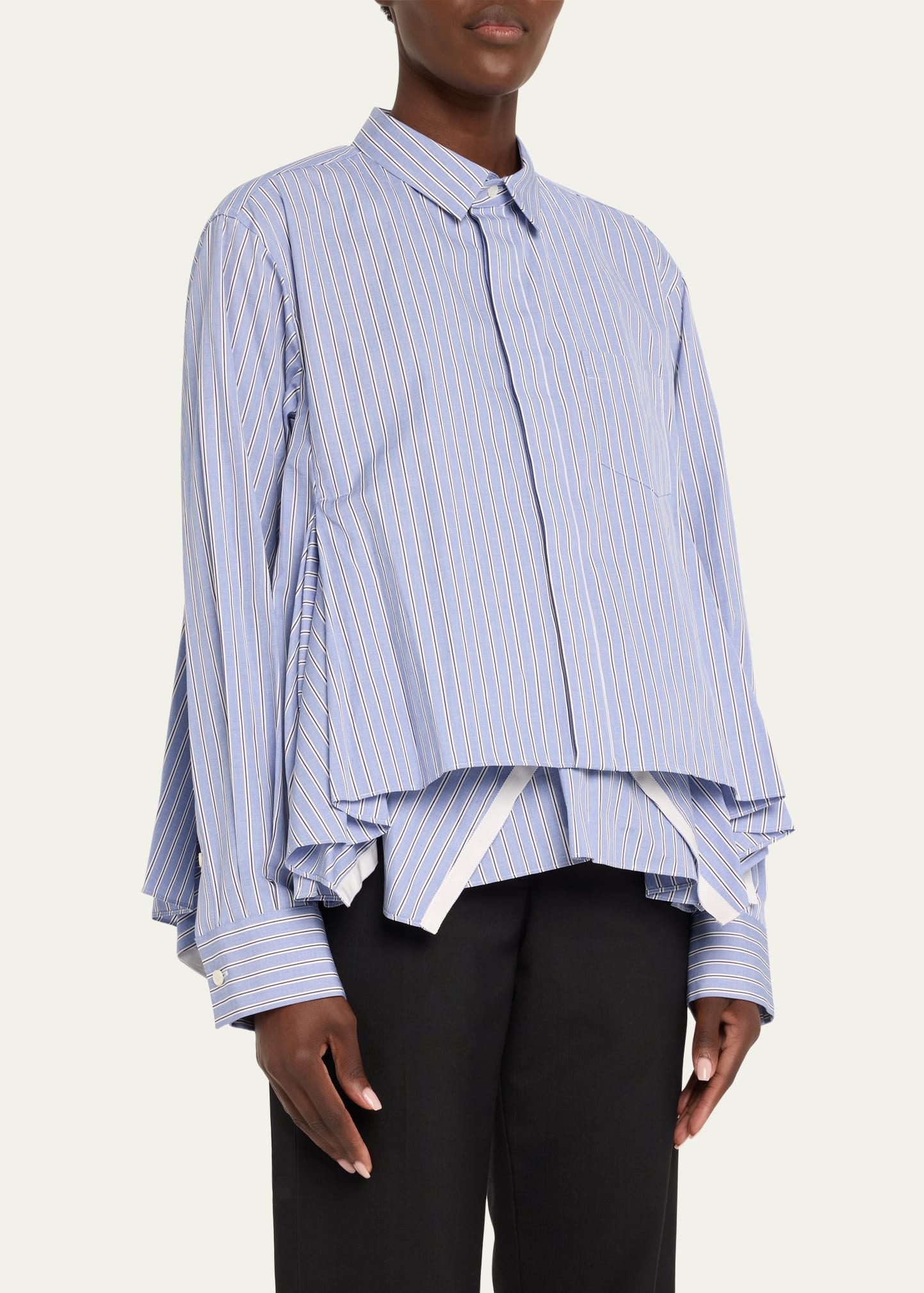 Layered Stripe Button Down Asymmetric Blouse - 4