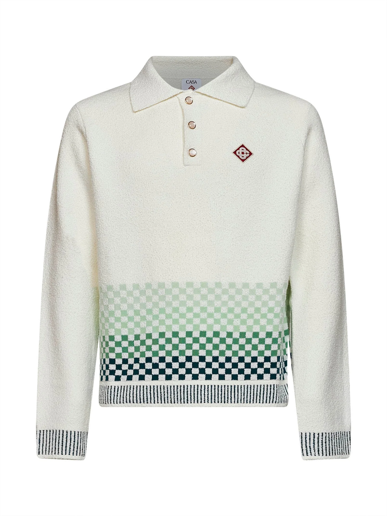 White bouclé knit Check long-sleeved polo shirt - 1