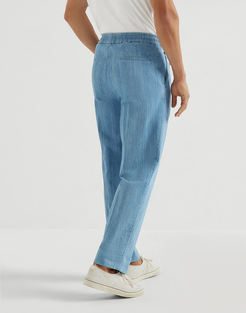 Lightweight denim trousers with drawstring and double pleats 3