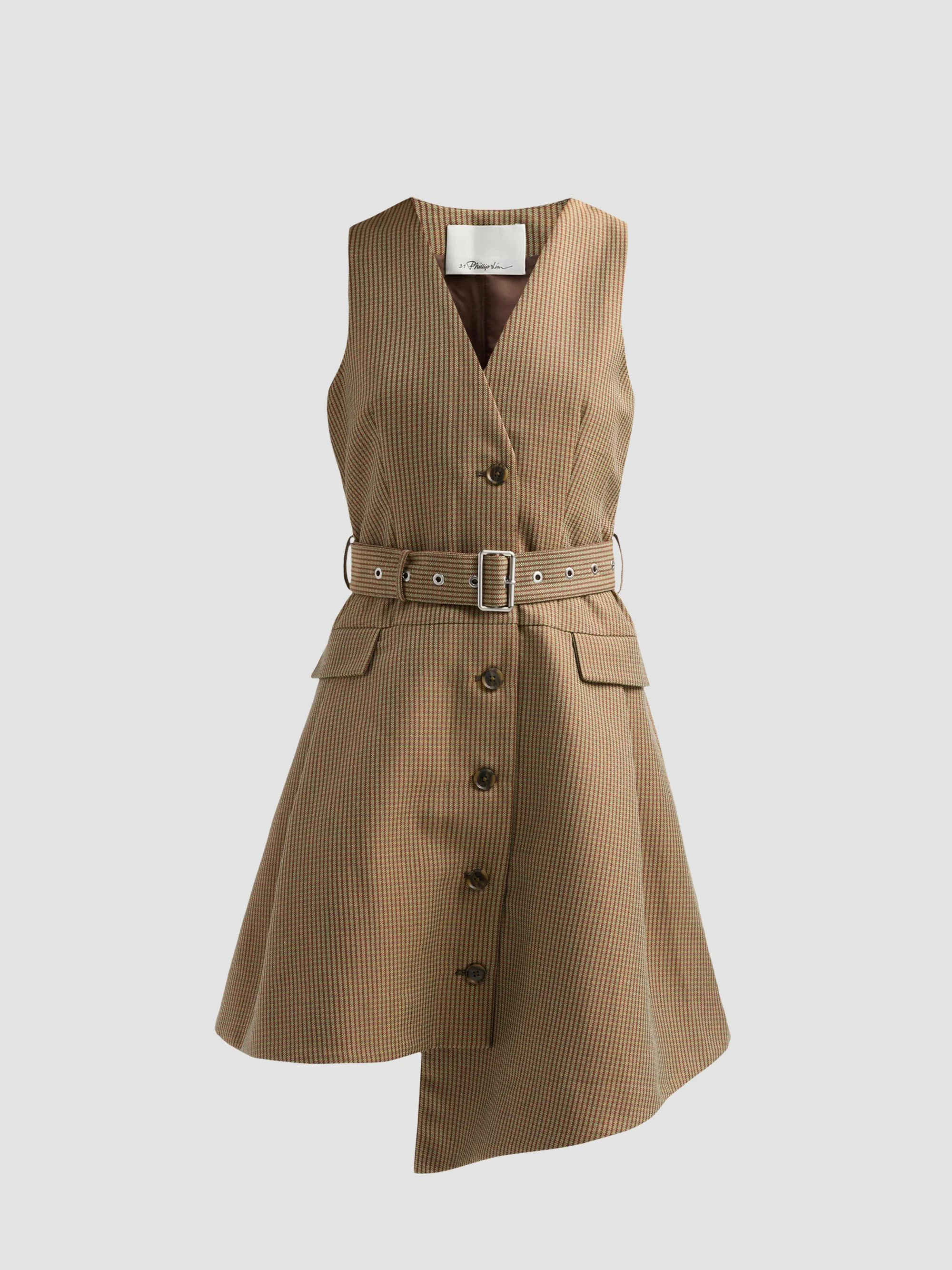 Women's Houndstooth Tweed Belted Knee-Length Dress - Sable Multi - 1