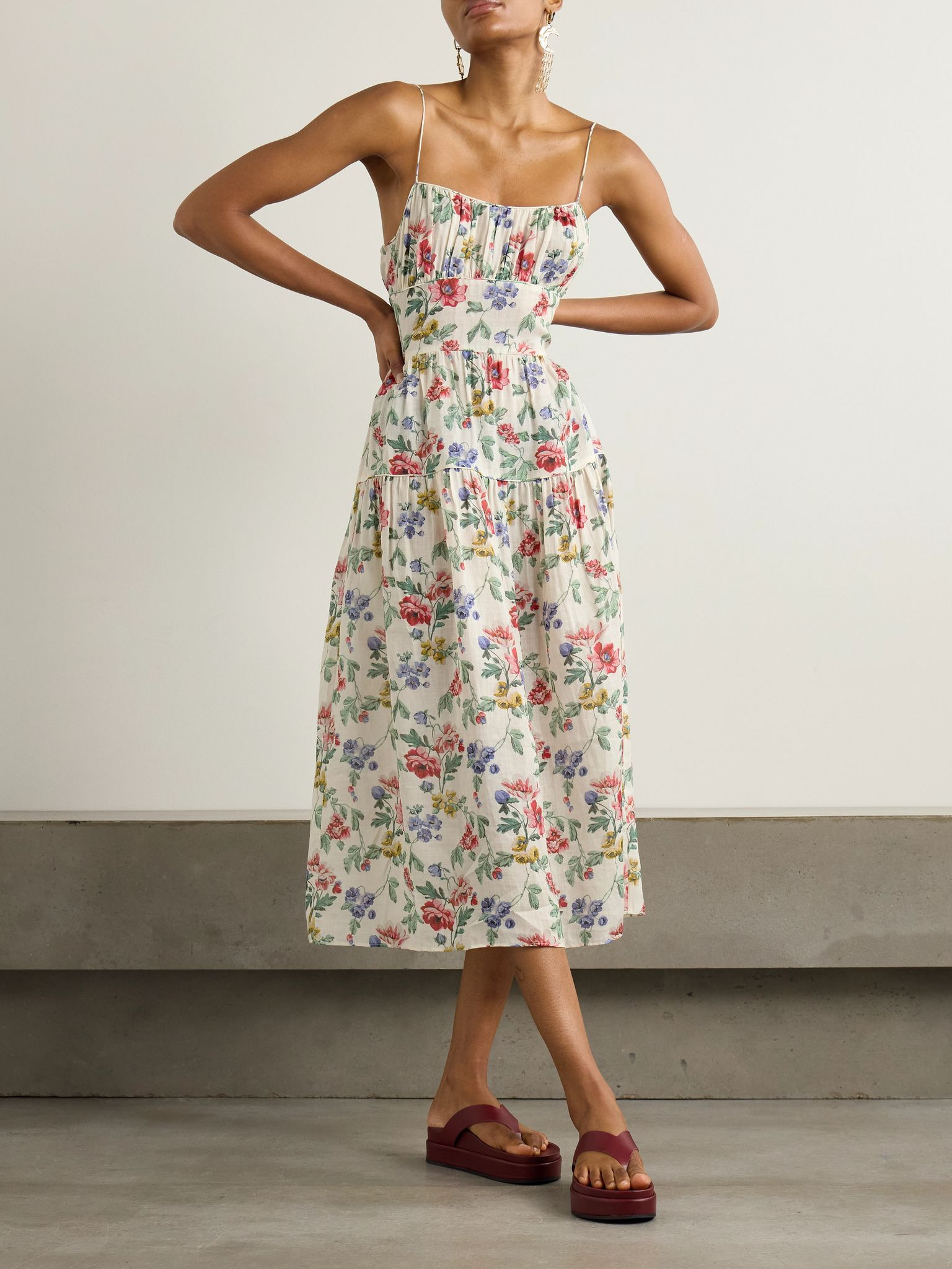 Benoit gathered tiered floral-print ramie midi dress Ivory - 3