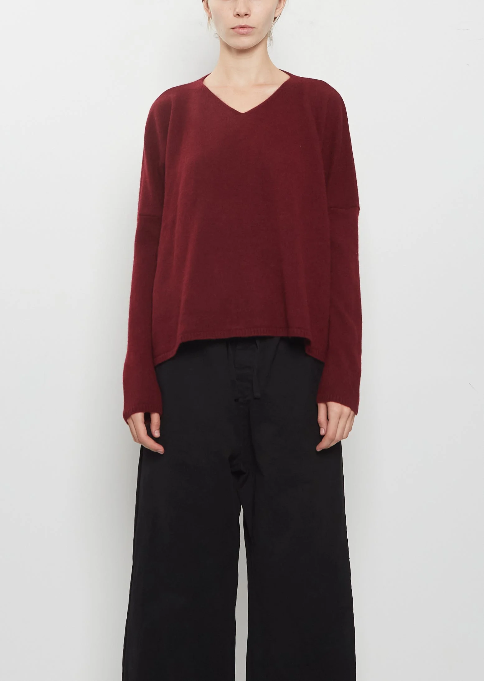Cashmere V-Neck Sweater — Wine - 1
