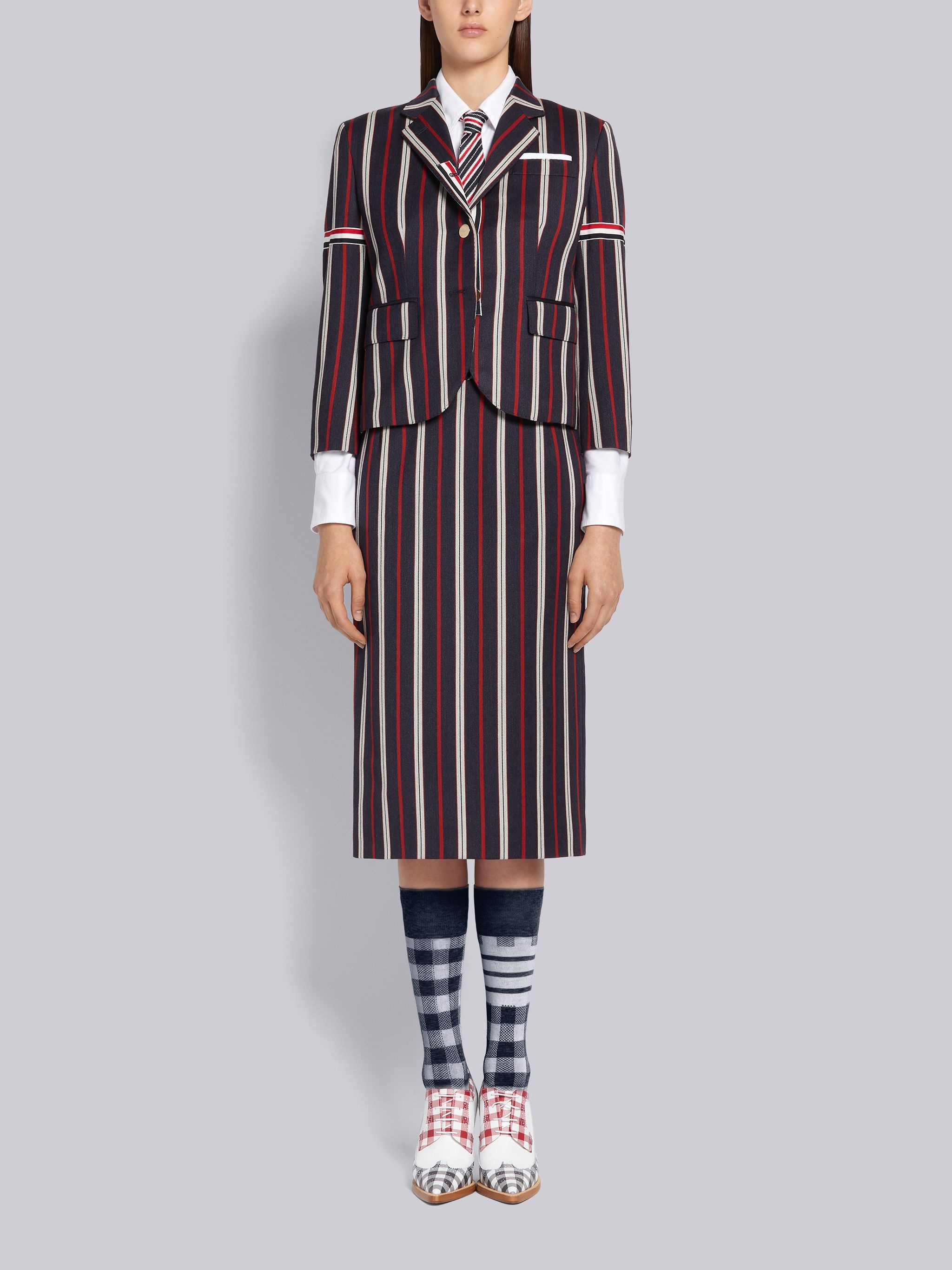 Multi-Color Wool Cotton Suiting Variegated Rep Stripe Knee Length Sheath Pencil Skirt - 4