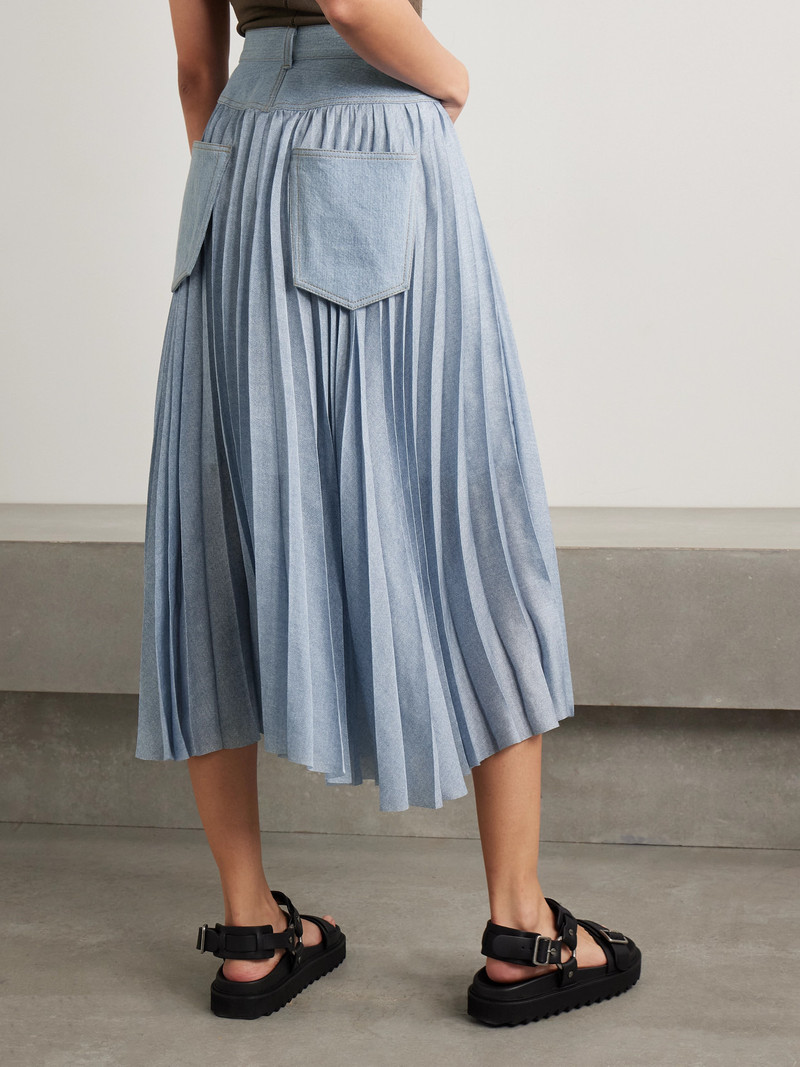 Wrap-effect Denim-paneled Pleated Printed Crepe De Chine Midi Skirt 3