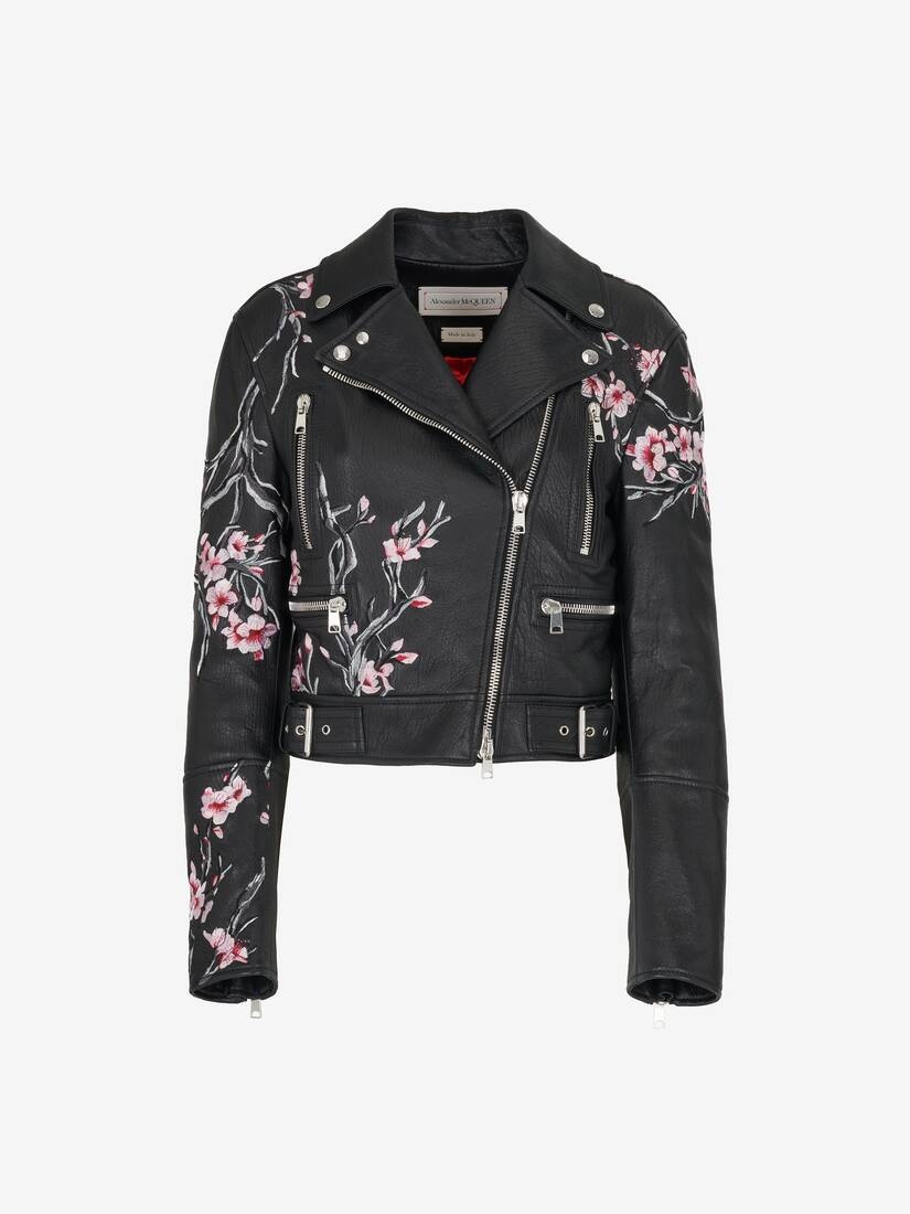 Women's Cherry Blossom Biker Jacket in Black/pink/ivory - 1