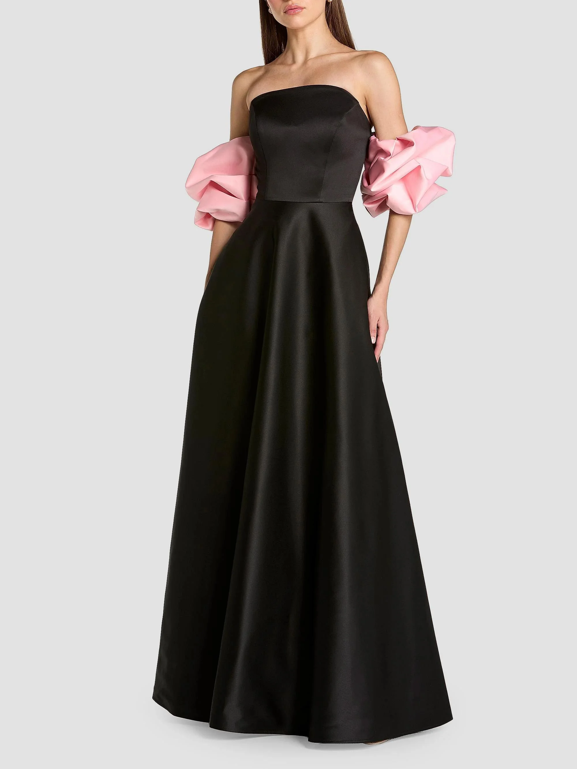 Women's Satin Puff-Sleeve Off-The-Shoulder Gown - Black Pink - 1