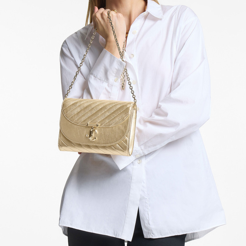 JIMMY CHOO Avenue Curve Clutch
Shiny Gold Quilted Metallic Leather Clutch with Chain outlook