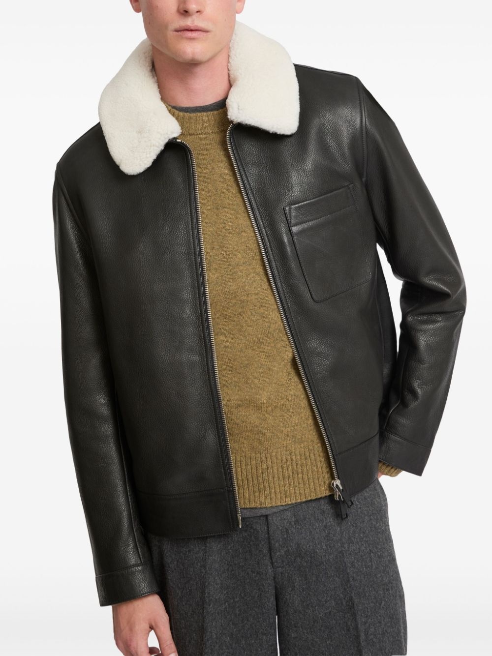 shearling collar leather jacket - 4