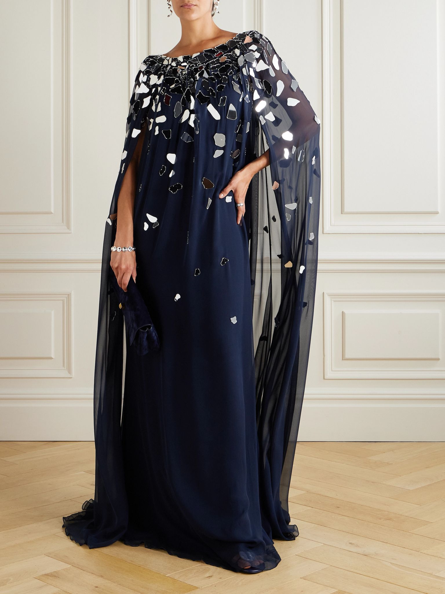 Embellished silk-chiffon gown Navy - 2