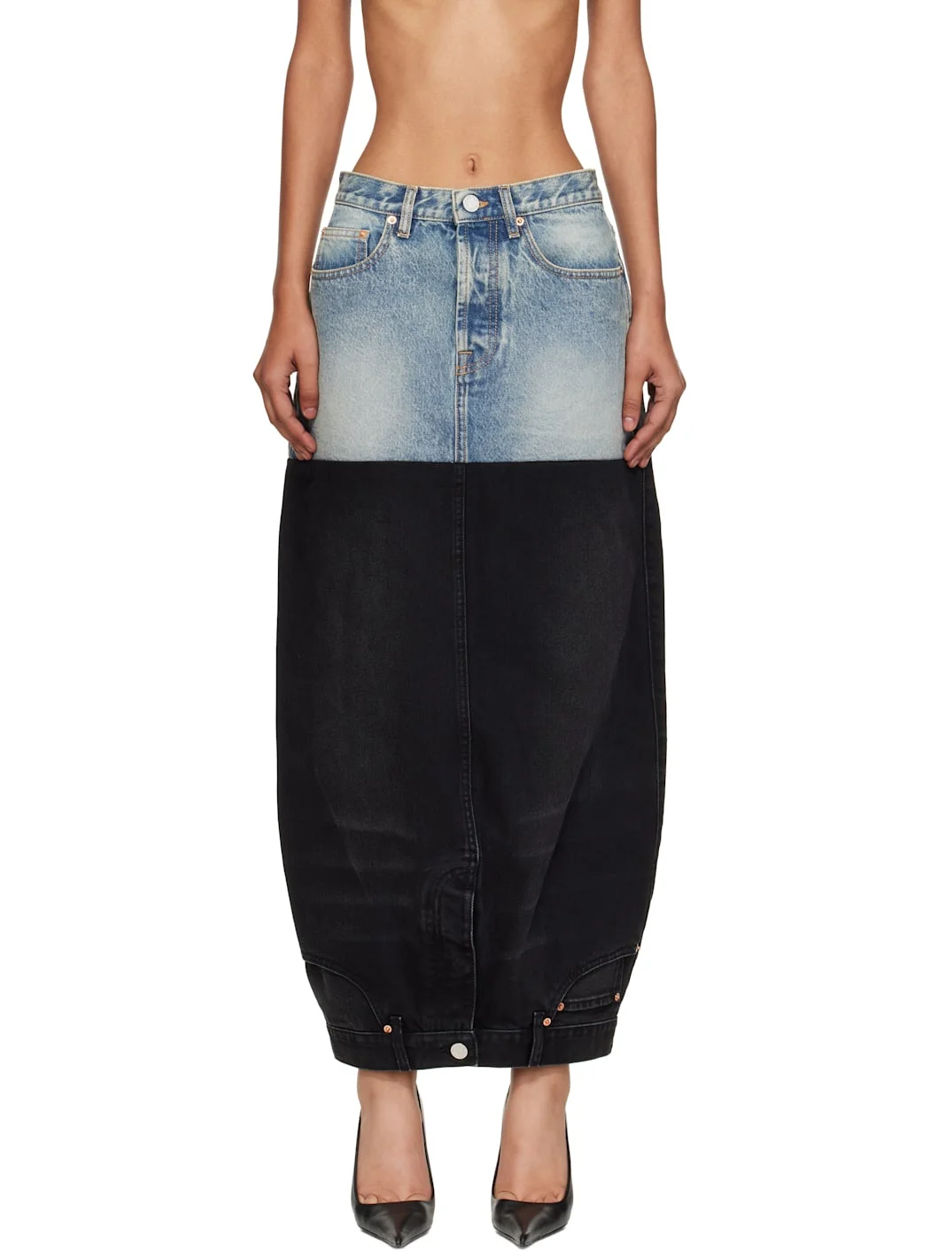 Blue & Black Double Denim Maxi Skirt - 1