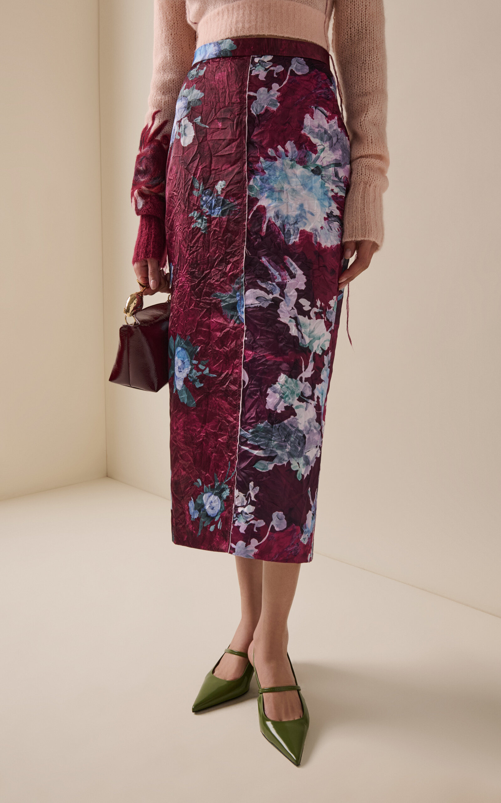 Floral-Collage Satin Midi Skirt burgundy - 3