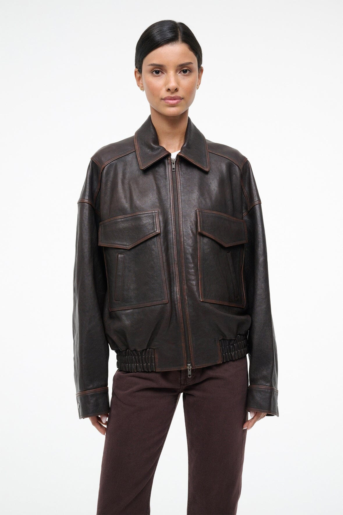 STAUD EUGENE LEATHER JACKET DISTRESSED BROWN - 3