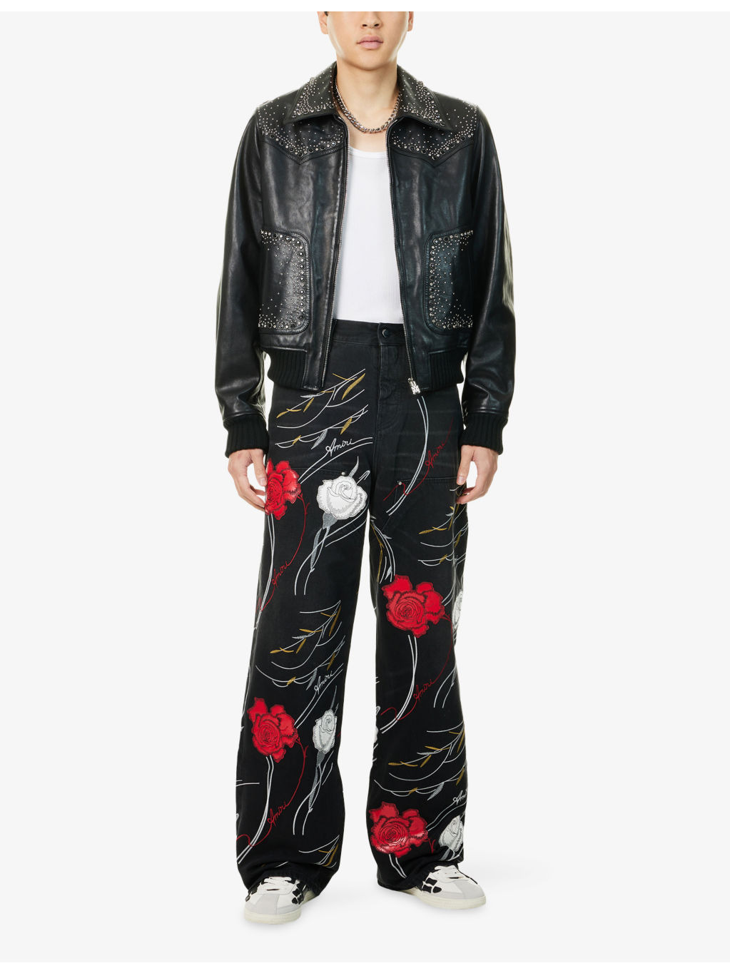 Floral-Embroidery Baggy Denim Jeans - 2