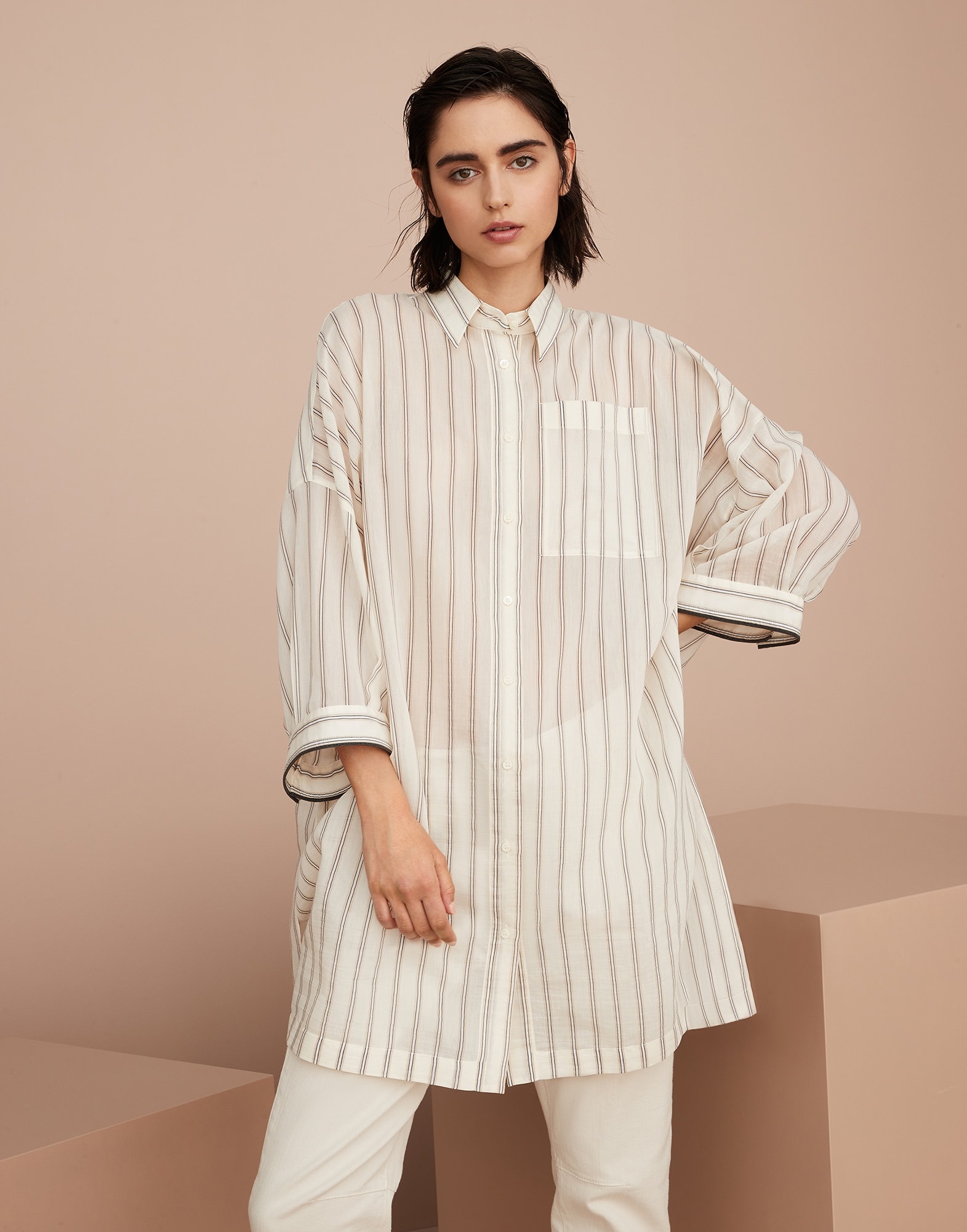 Cotton and silk striped poplin shirt with shiny cuff details - 1