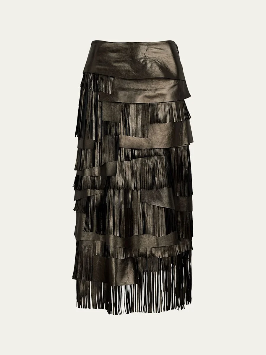 Metallic Leather Tiered Fringe Midi Skirt - 1