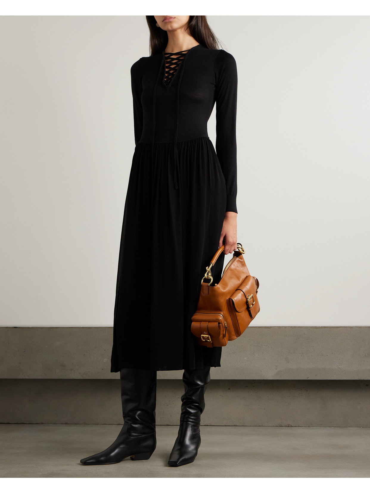 Colette Pleated Lace-up Wool And Silk-blend And Chiffon Midi Dress - 2