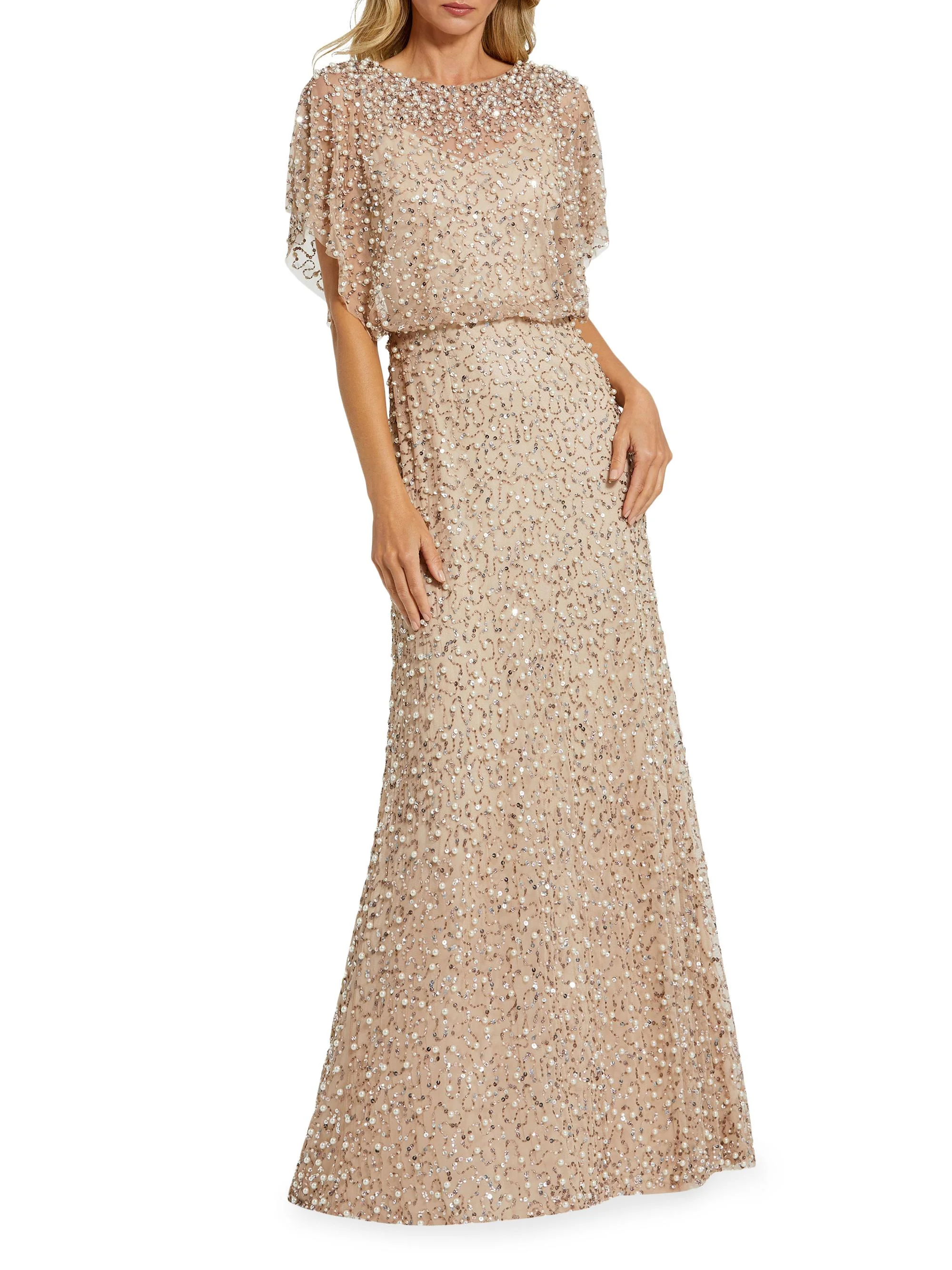 Women's Beaded Sequin Shawl Gown - Beige Gold - 1