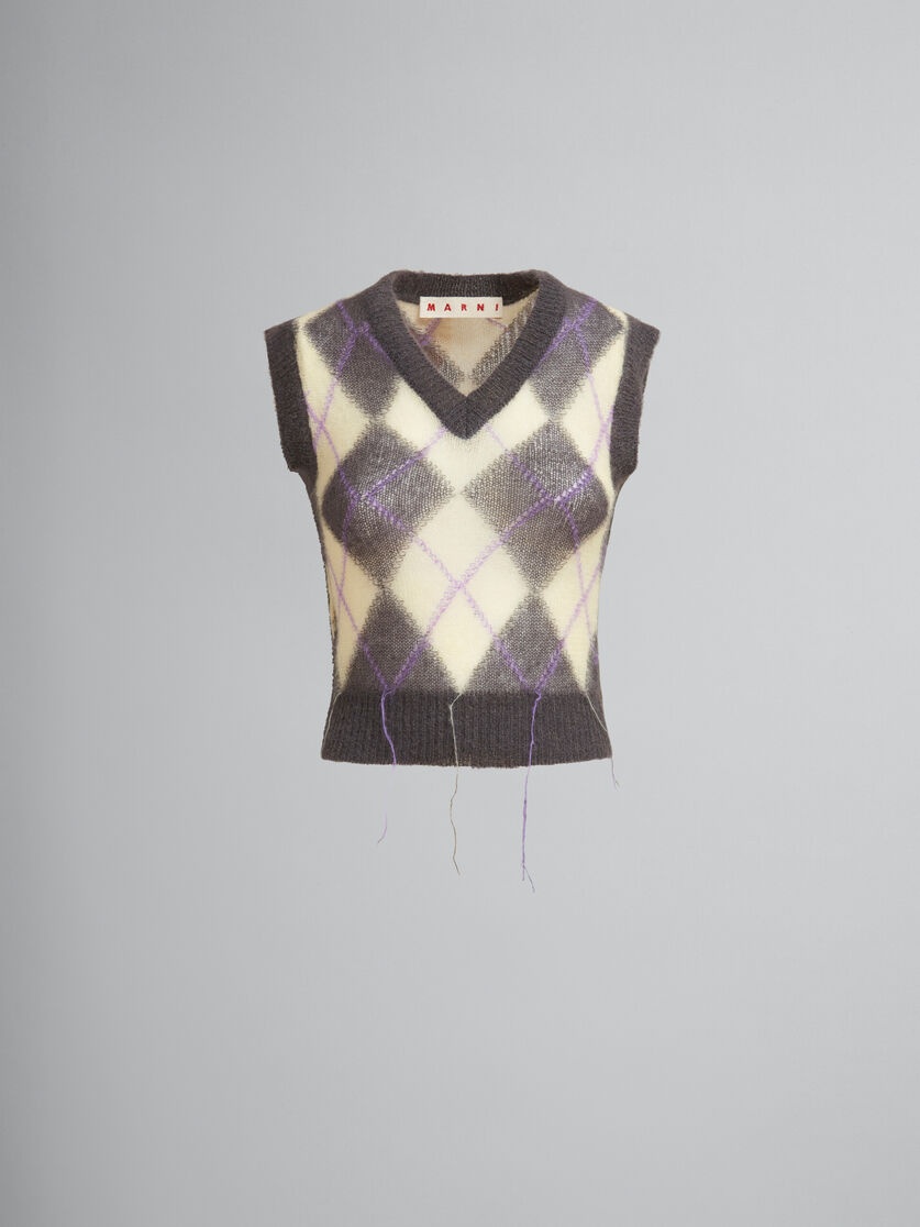 GREY MOHAIR ARGYLE VEST WITH FLOATING THREADS - 1