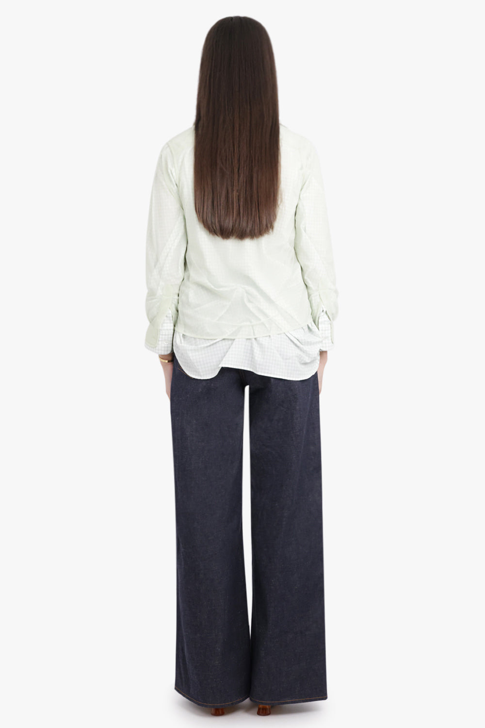 LAYERED L/S SHIRT WITH CHECK RUCHING DETAIL | GREEN/WHITE - 5