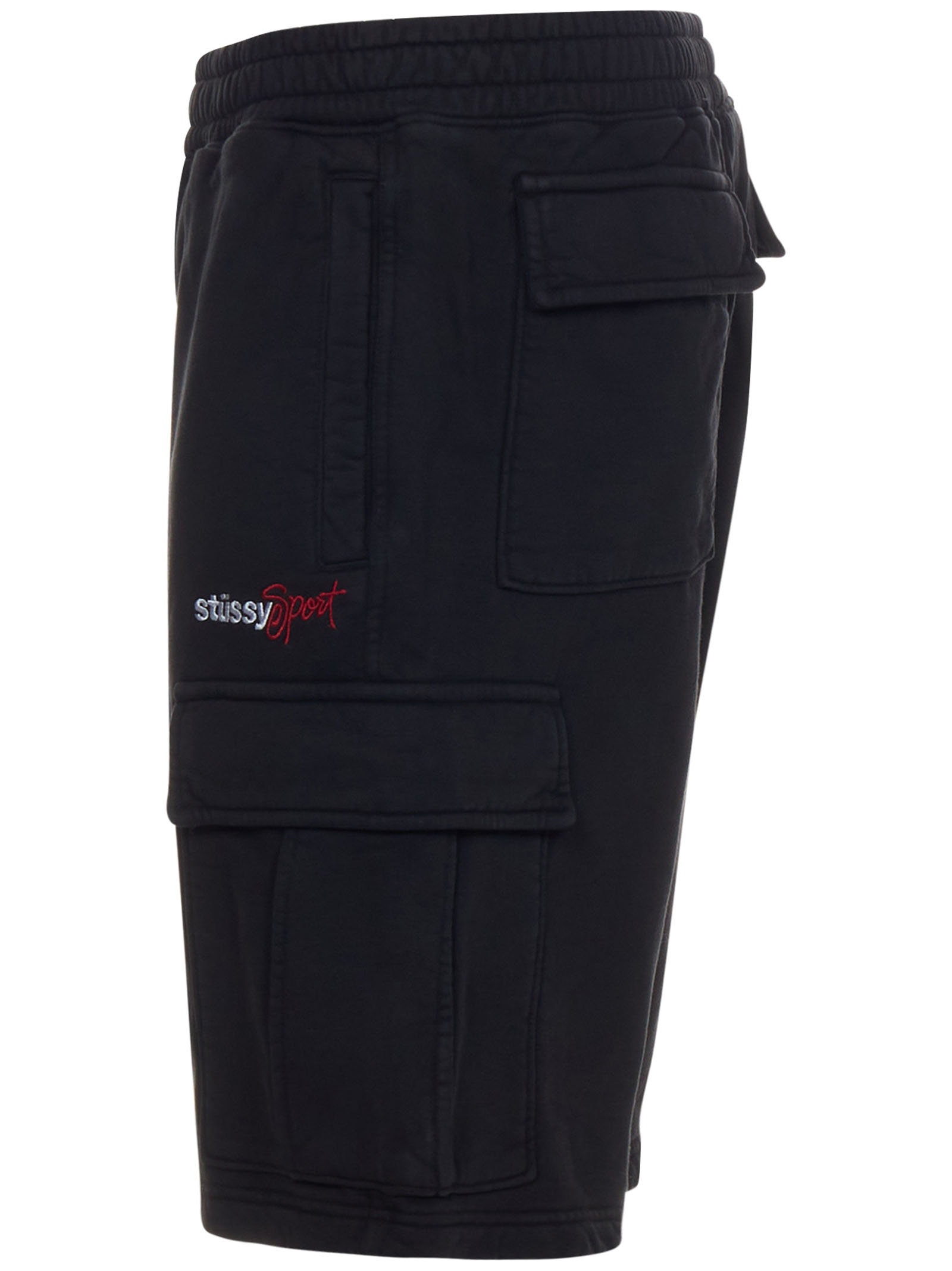 Sports cargo shorts in black cotton with contrasting logo embroidery on the left leg. - 3