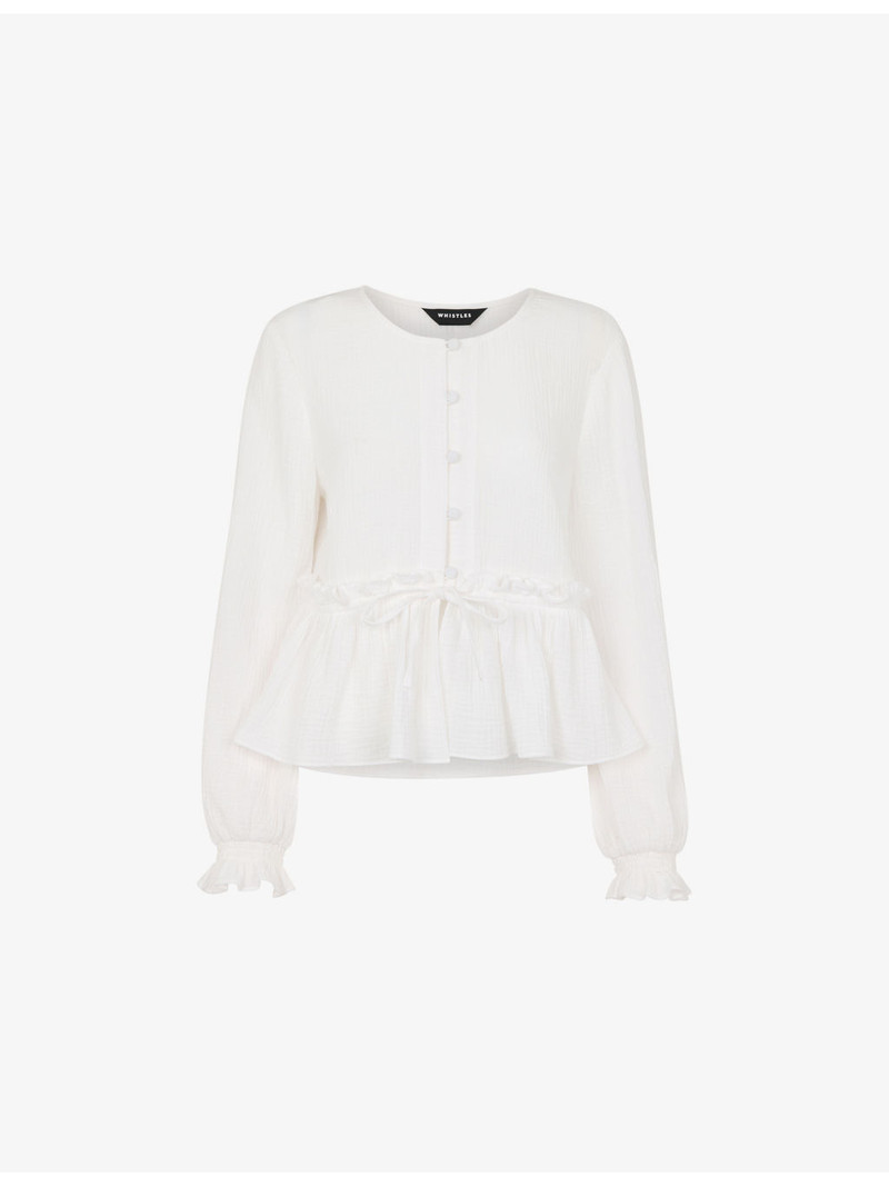 Button-Down Peplum-Hem Cotton Blouse 1