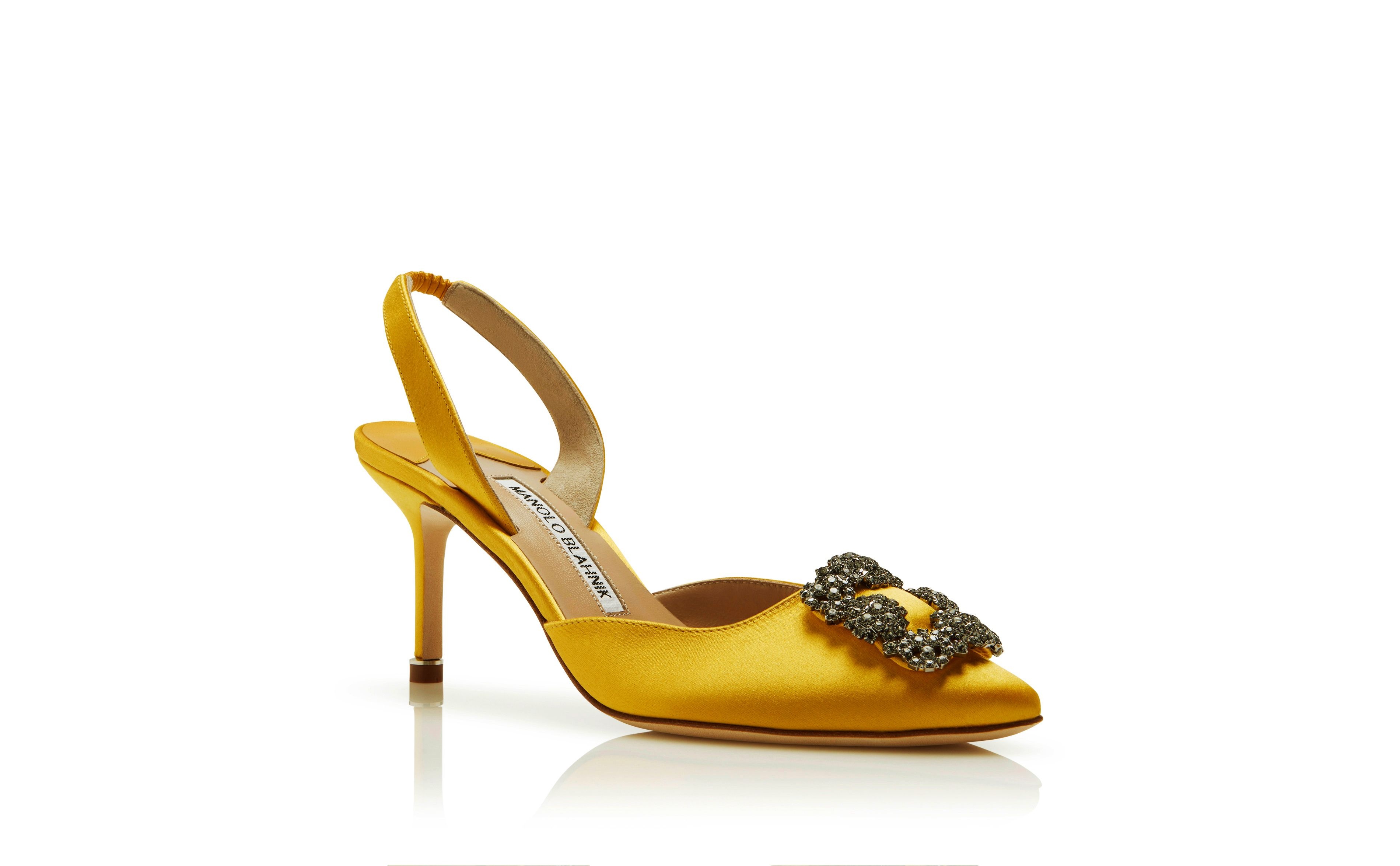 Yellow Satin Jewel Buckle Slingback Pumps - 3