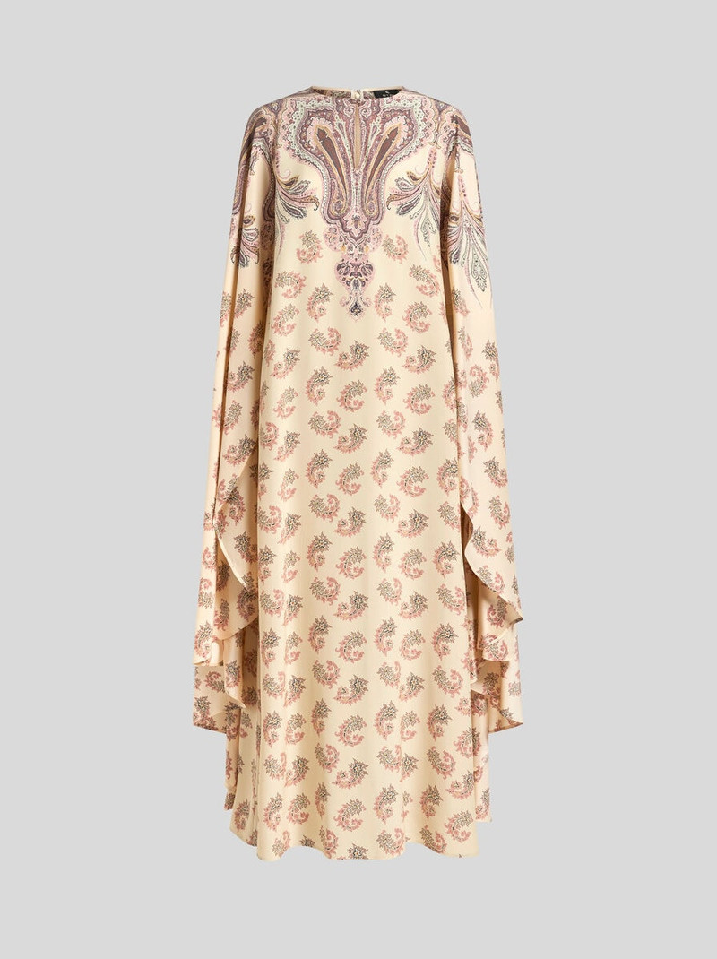 LONG SILK DRESS WITH CAPE AND PLACED PRINT 1